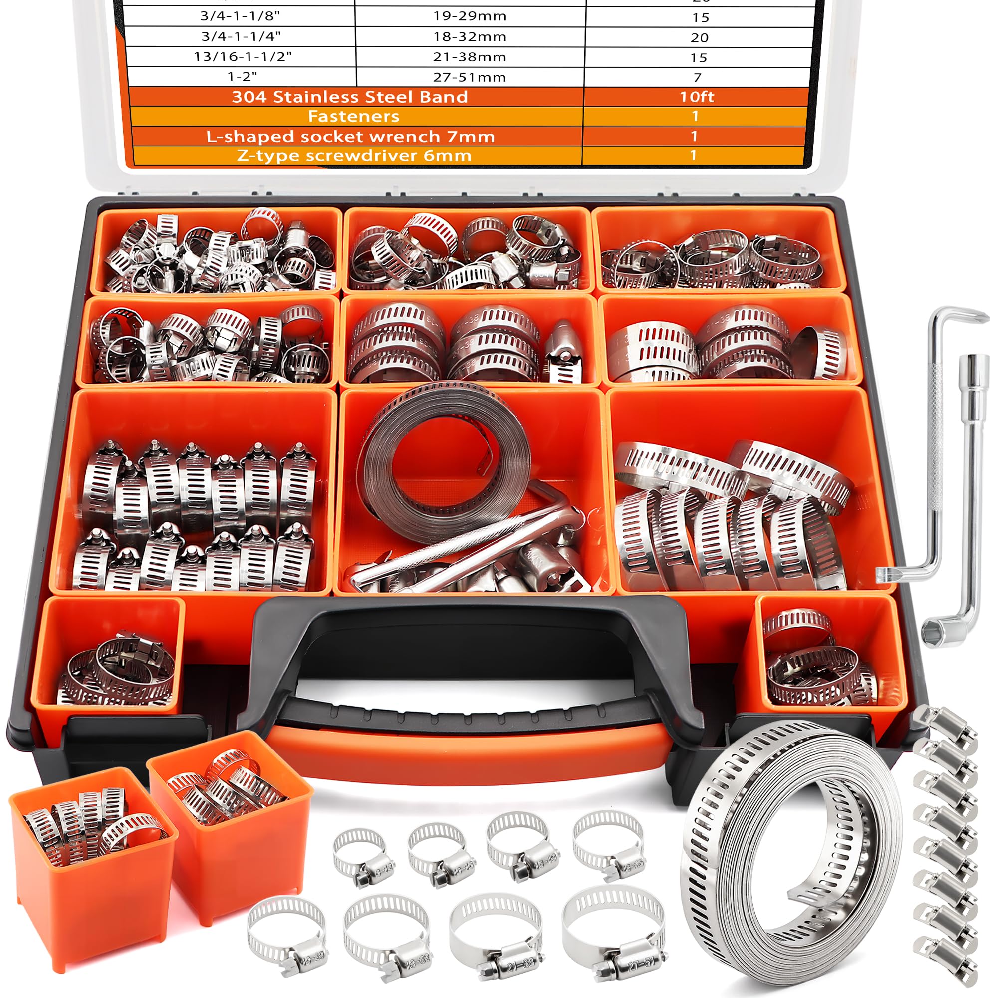 185pcs 304ss Worm Gear Hose Clamp Kit 10FT Strap for Auto &amp; Plumbing