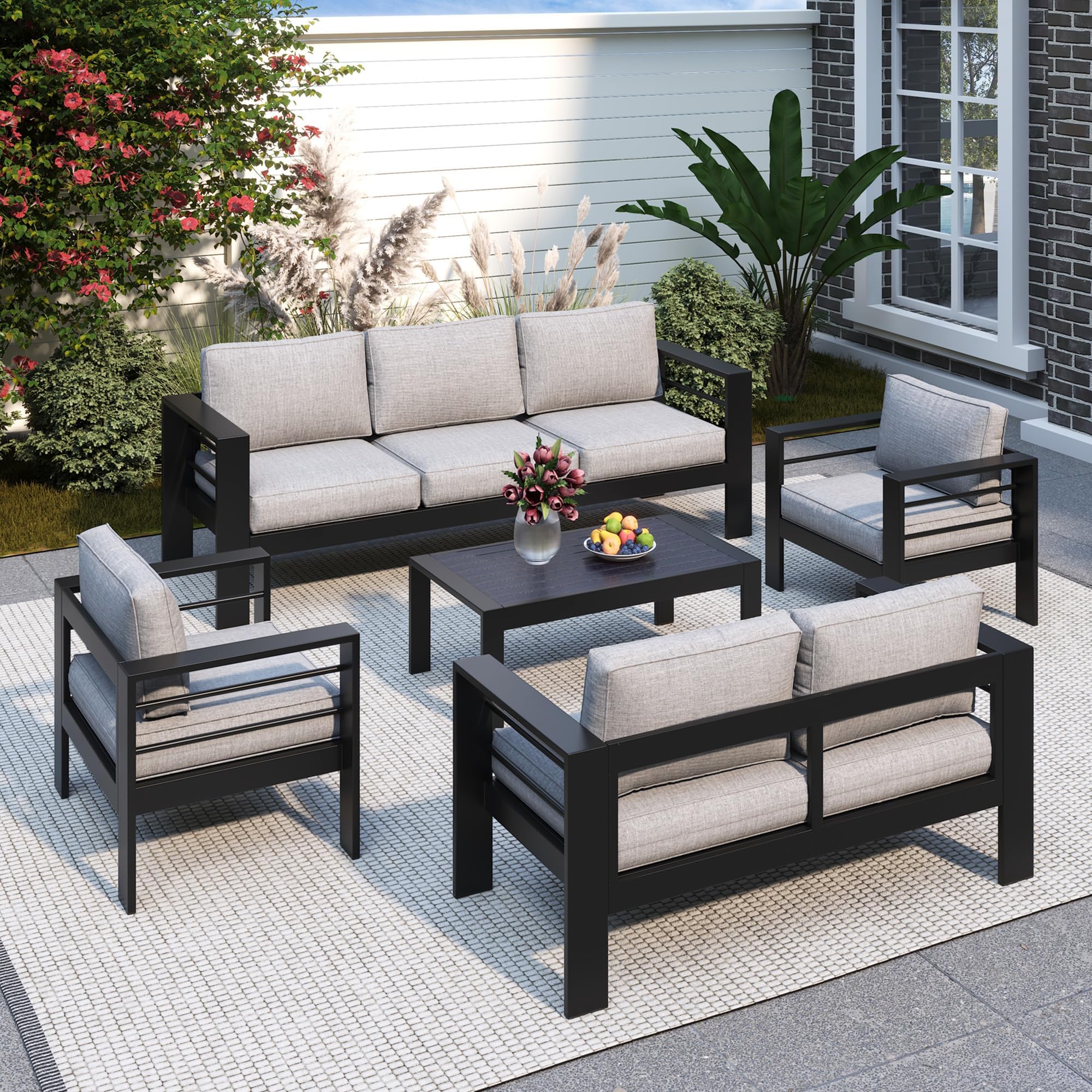 Solaste Aluminum Patio Furniture Set for All Weather, Oversized Metal Outdoor Furniture Set with 27.5" Deep Seating and 3.2" Wide Armrest, Patio Conversation Set with 5" Cushion, Black and Grey