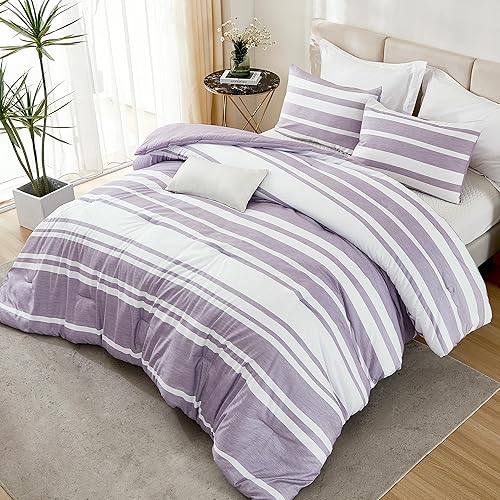 Miniatura 6 de Andency Juego de edredón Queen de 3 piezas a rayas, color morado y blanco, reversible, suave, ligero, para todas las estaciones, relleno alternativo