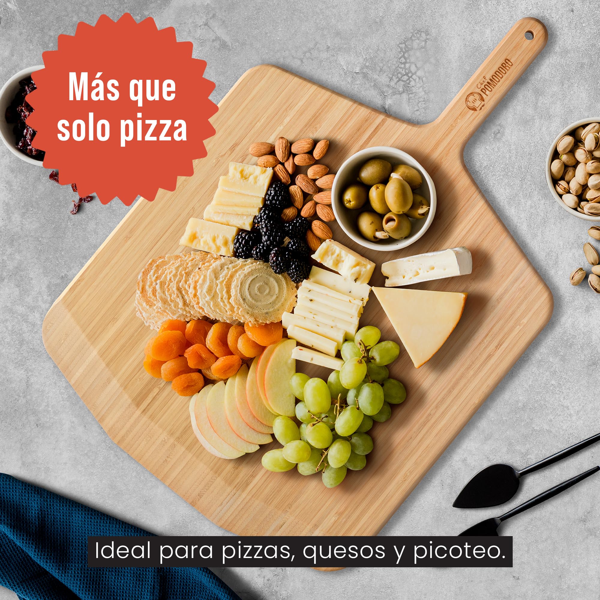 Chef Pomodoro Pala Pizza 41 cm, Tabla Pizza Horno de Madera de Bambú para Hornear Pizza Casera y Pan, Bandeja Madera Aperitivos, Embutidos y Quesos, Utensilios de Cocina para Pizzeros