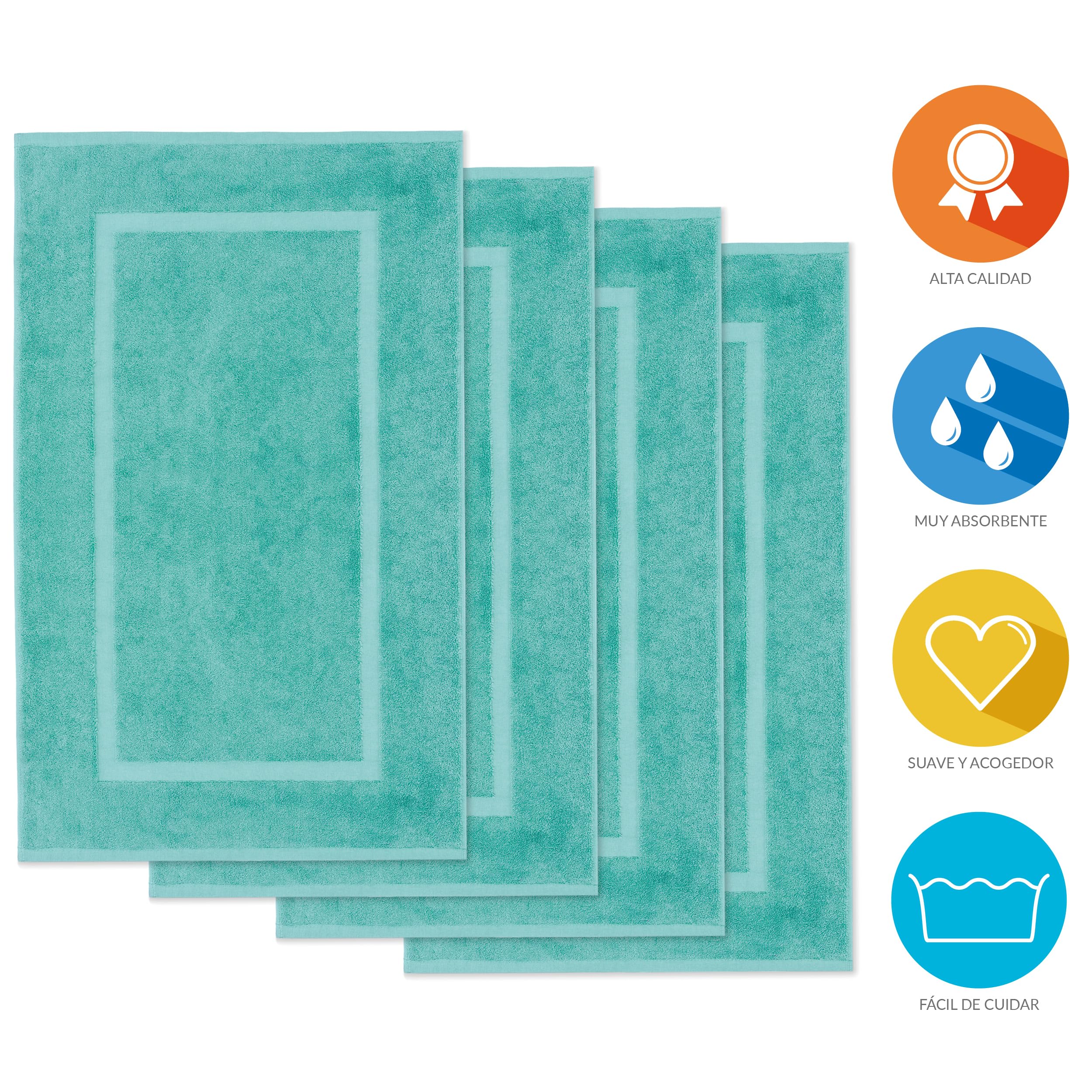 Lavea® Juego de 4 Alfombrillas de Baño 50x80 cm 100% Algodón – Absorbentes y Lavables – Alfombra de Baño y Alfombrilla de Ducha Ideales para Baño o Ducha – Turquesa