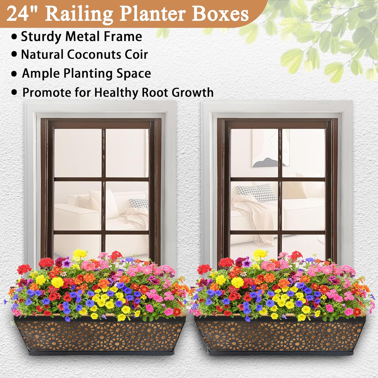 2 Pack 24 Inch Window Boxes Planters with Coco Coir Liner Metal Hanging Flower Planter Window Basket Deck Railing Planter Boxes for Outdoor Indoor Lawn