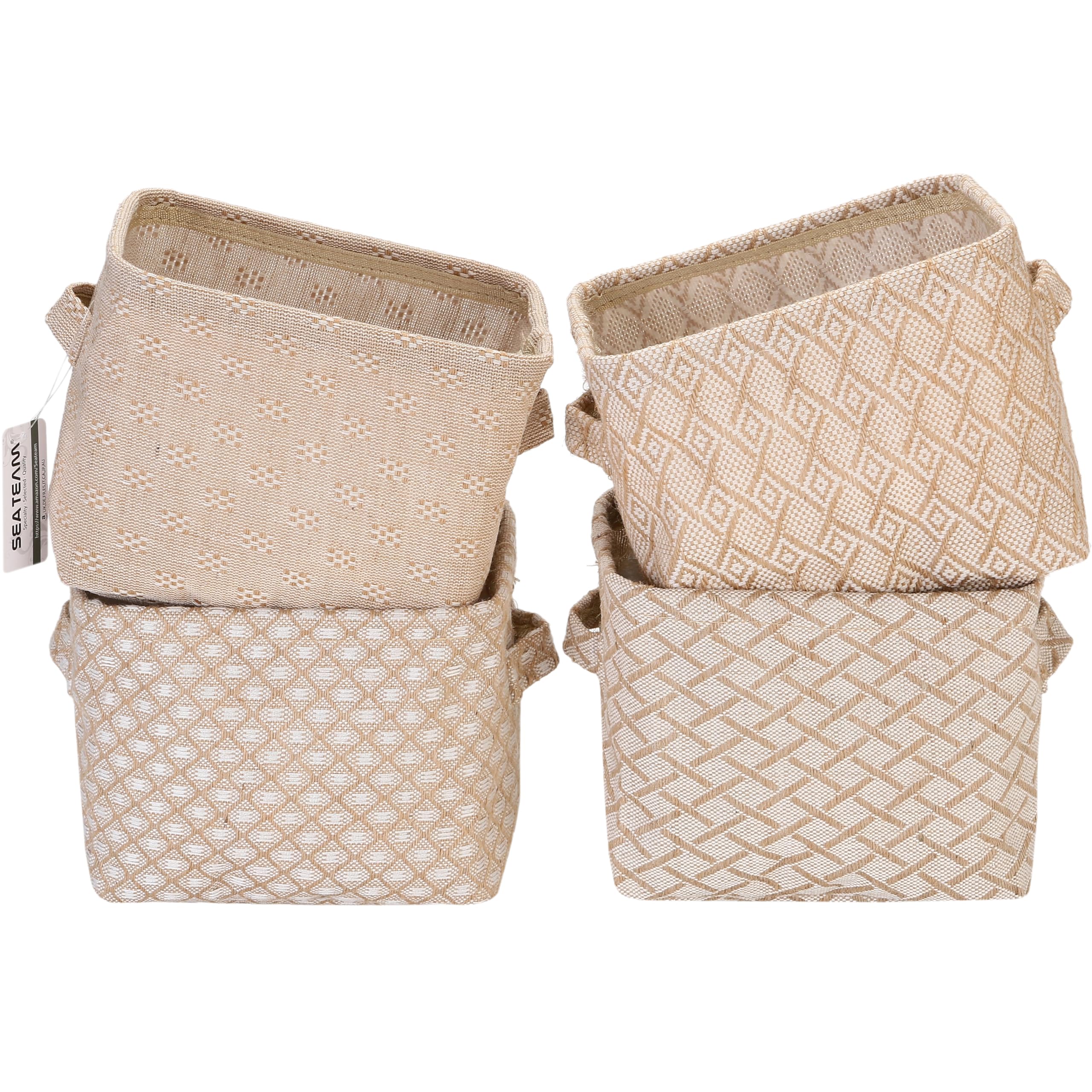 Sea Team 4.5L Mini Size Jute Storage Basket 4pcs Square Box with Double Handles Table and Room Small Items Storage Expert, 20 * 16 * 15cm/7.9 * 6.3 * 5.9In