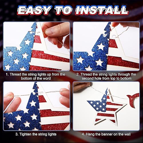Miniatura 7 de Cartel de feliz cumpleaños con cadena de luces de hadas, decoración de cumpleaños del 4 de julio, decoración de cumpleaños del Día de la Bandera de