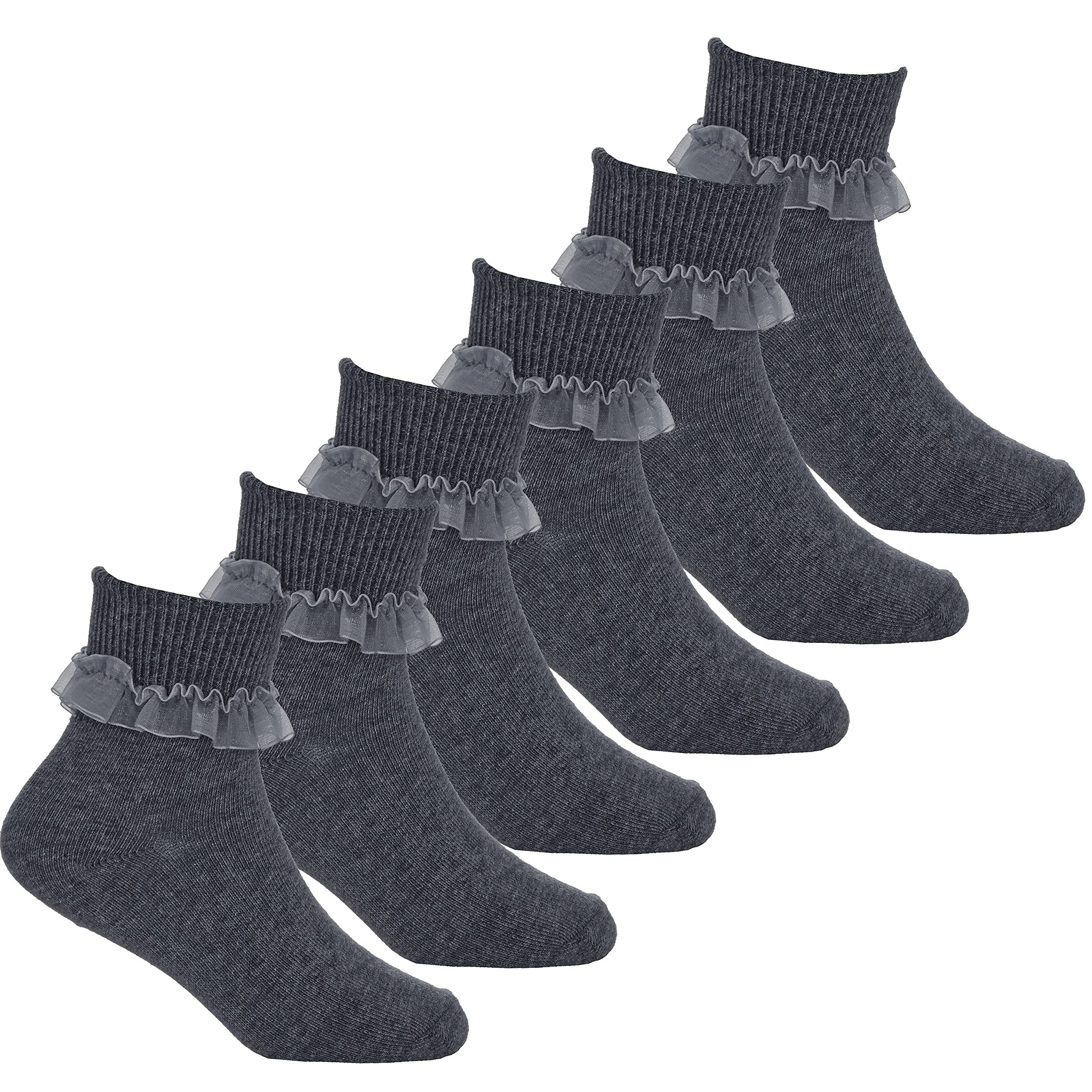 Metzuyan Girls 3-Pack Frilly Socks Organza Lace Frill Back to School Grey 12.5-3.5
