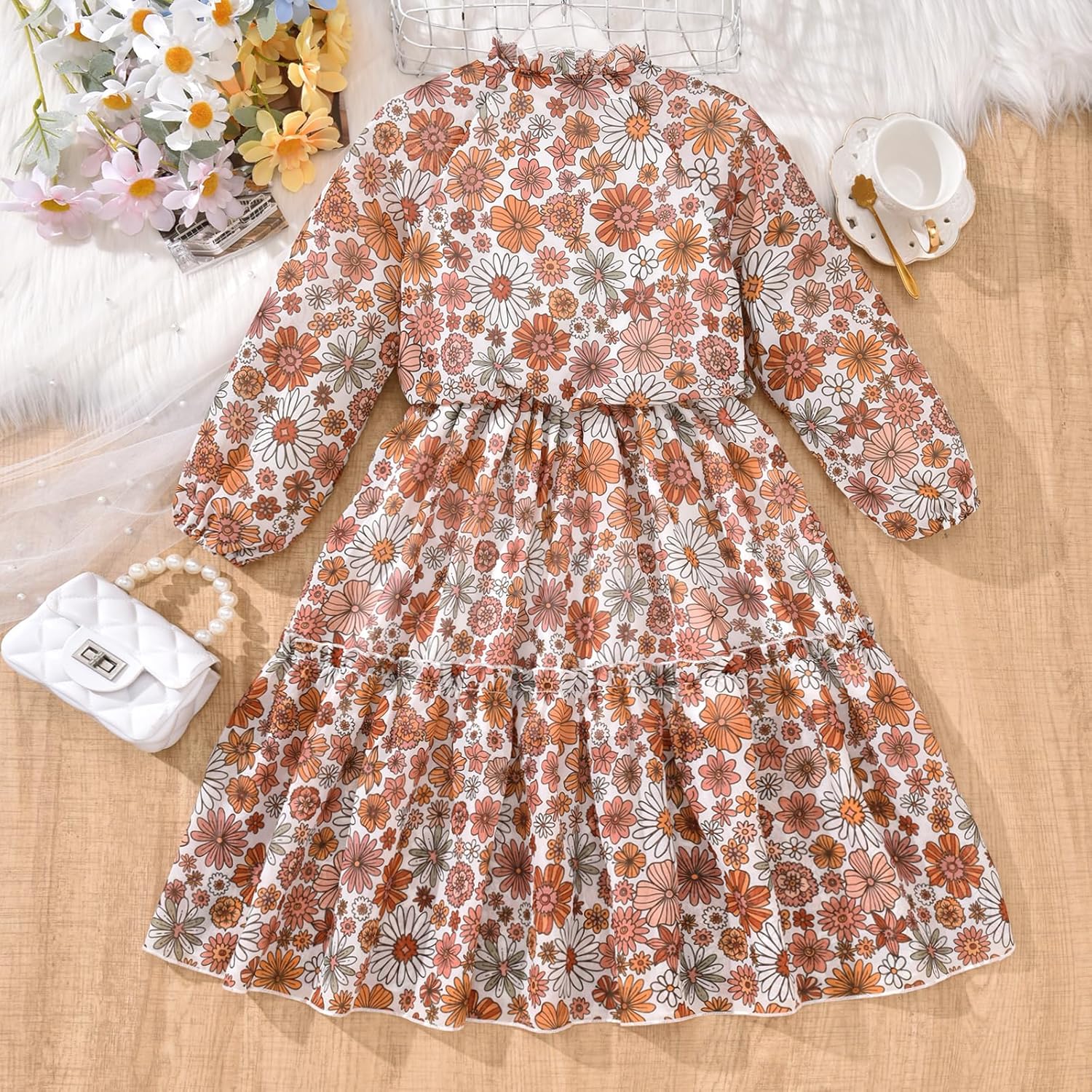 fioukiay Girls Fall Dress Long Lantern Sleeve V-Neck Floral Printed Smocked Waist Maxi Dresses Holiday - Image 8