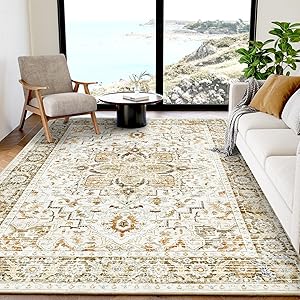 AMADA HOMEFURNISHING 5x7 Washable Area Rug, Low-Profile Living Room Rug with Non-Slip Backing & Durable Edge Binding, Area Rugs 5x7, Vintage Rugs for Living Room, Bedroom, Dinning Room