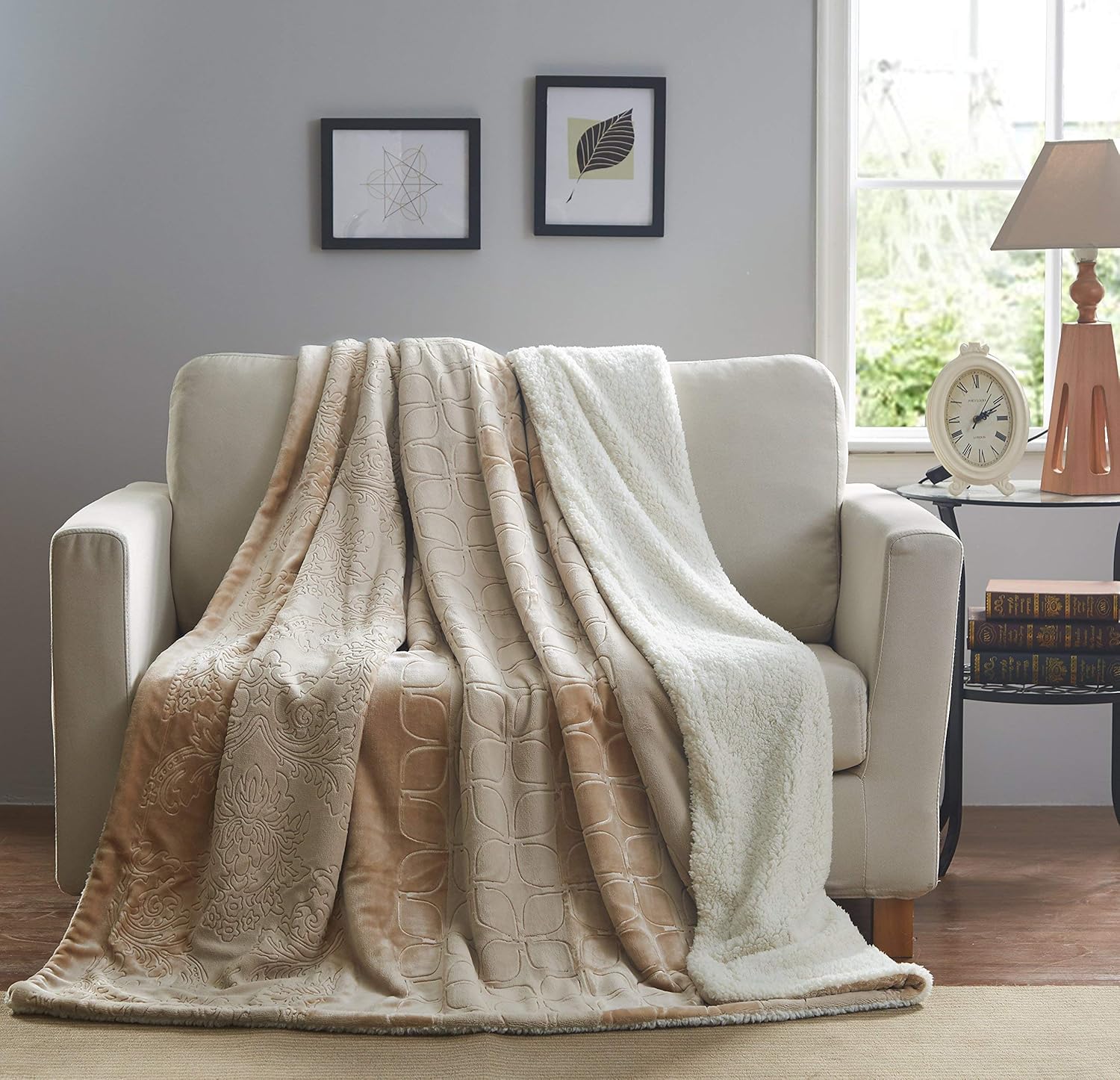 Tache Neutral Throw Blanket 63x87 Embossed Cuddly Fluffy Cozy Beige Super Soft Warm Plush Sherpa Bubbly Champagne Throw Blanket for Sofa Couch and Twin Size Bed