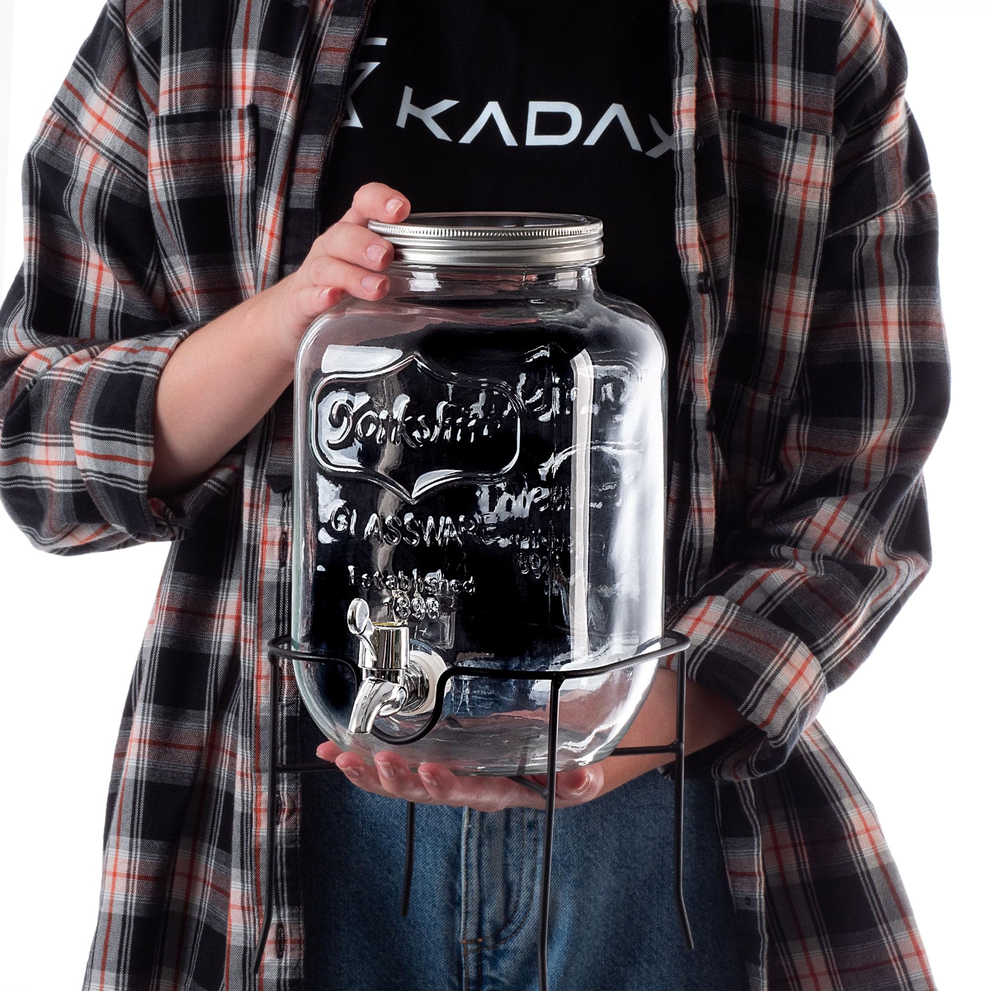 KADAX Distributore di bevande 4L con supporto, dispenser di succo in vetro, erogatore di acqua con rubinetto e coperchio, distributore di limonata, dispenser per bevande fredde (modello 3)