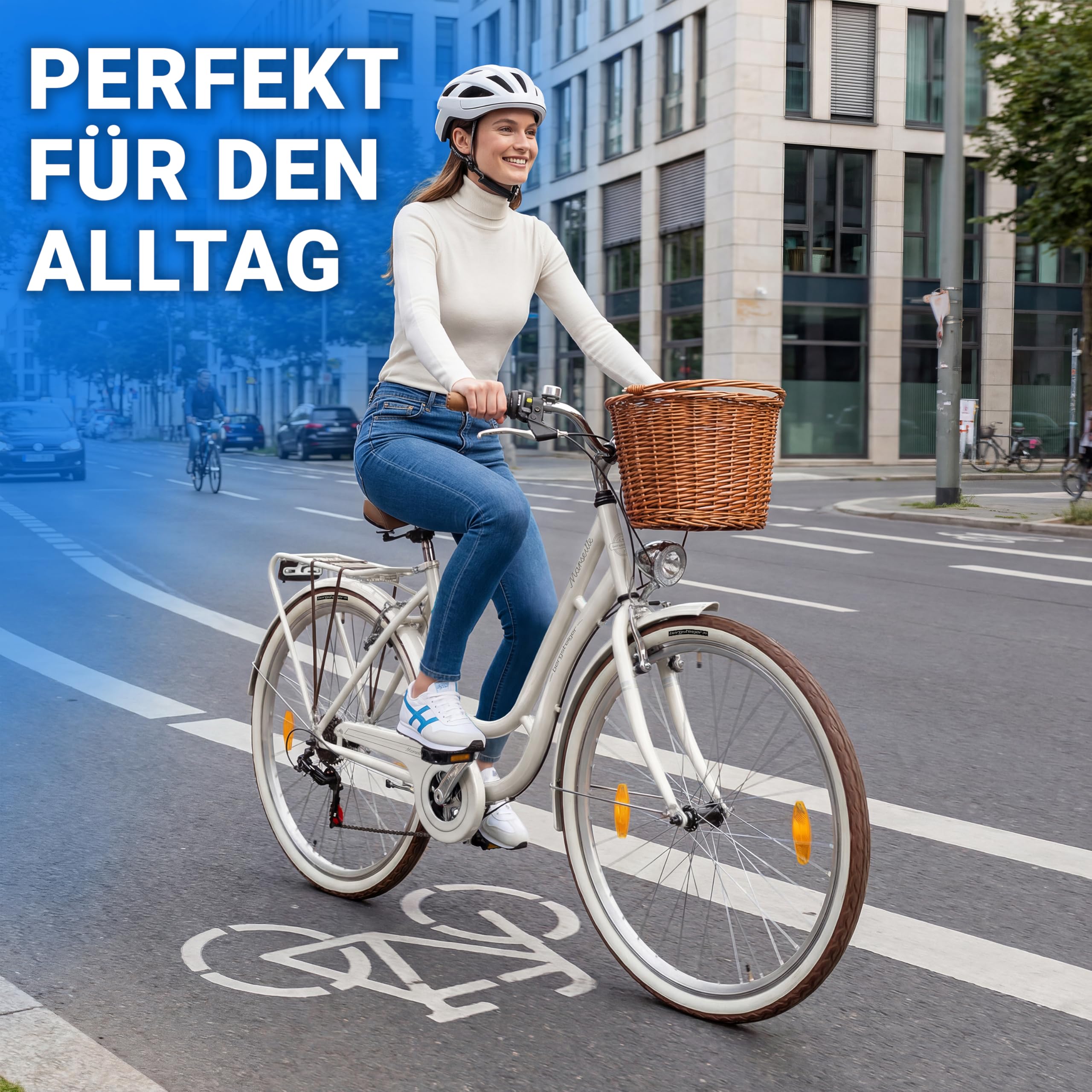 Bergsteiger Marseille 26/28 Zoll Damen Citybike im Retro-Design | Modisches Damenrad ab 150 cm Groesse mit 6 Gängen, Rattan-Korb und StVZO Licht. Zu 90% komplett vormontiert geliefert.