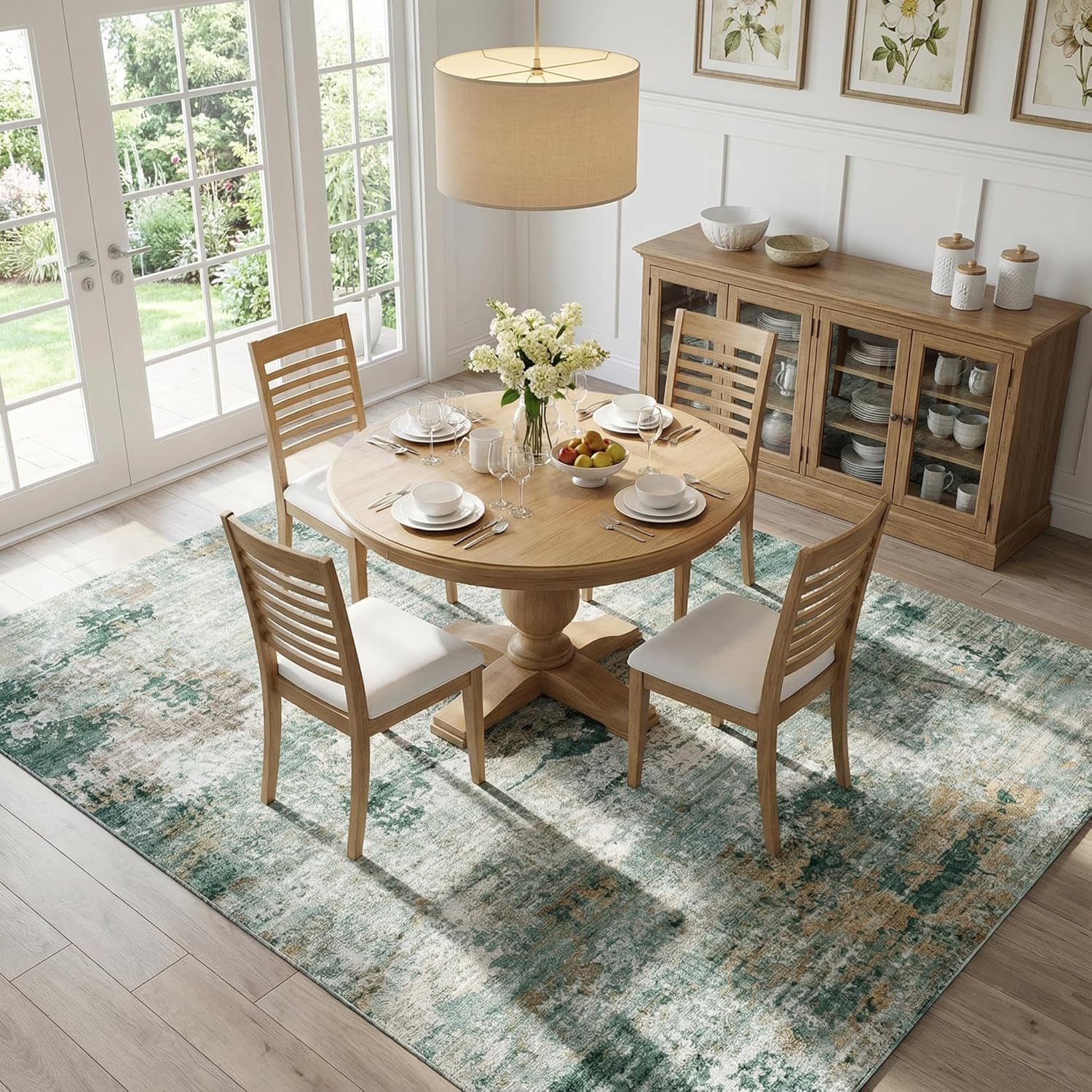 0.26" Low Pile Area Rug for Home Office Under Desk Washable Abstract Carpet Stain-Resistant Robot Vacuum Compatible Flat Woven Non Slip Dining Room Mat, 6'x9', Sage Green