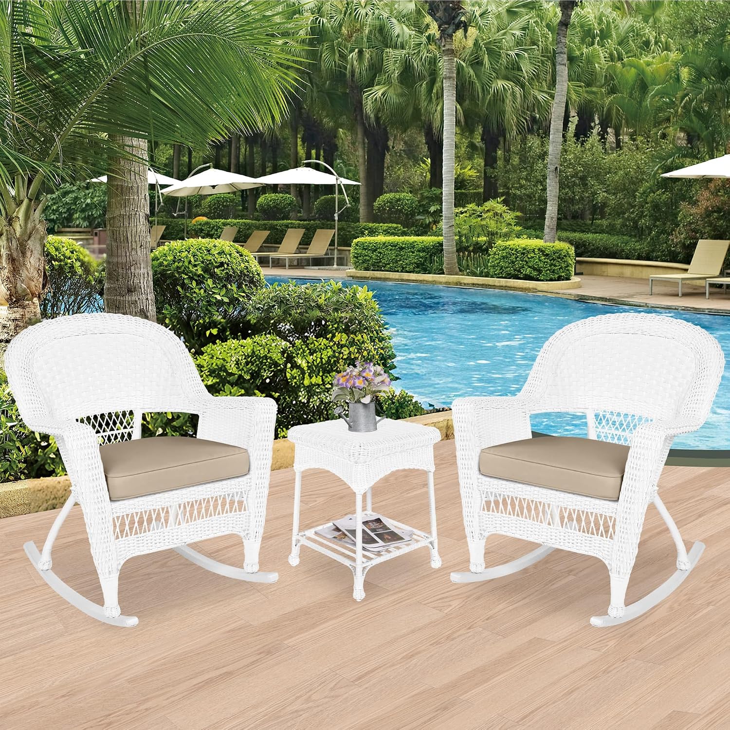 Jeco Carell Furniture 3pc Rocker Wicker Chair Set in White with Tan Cushion