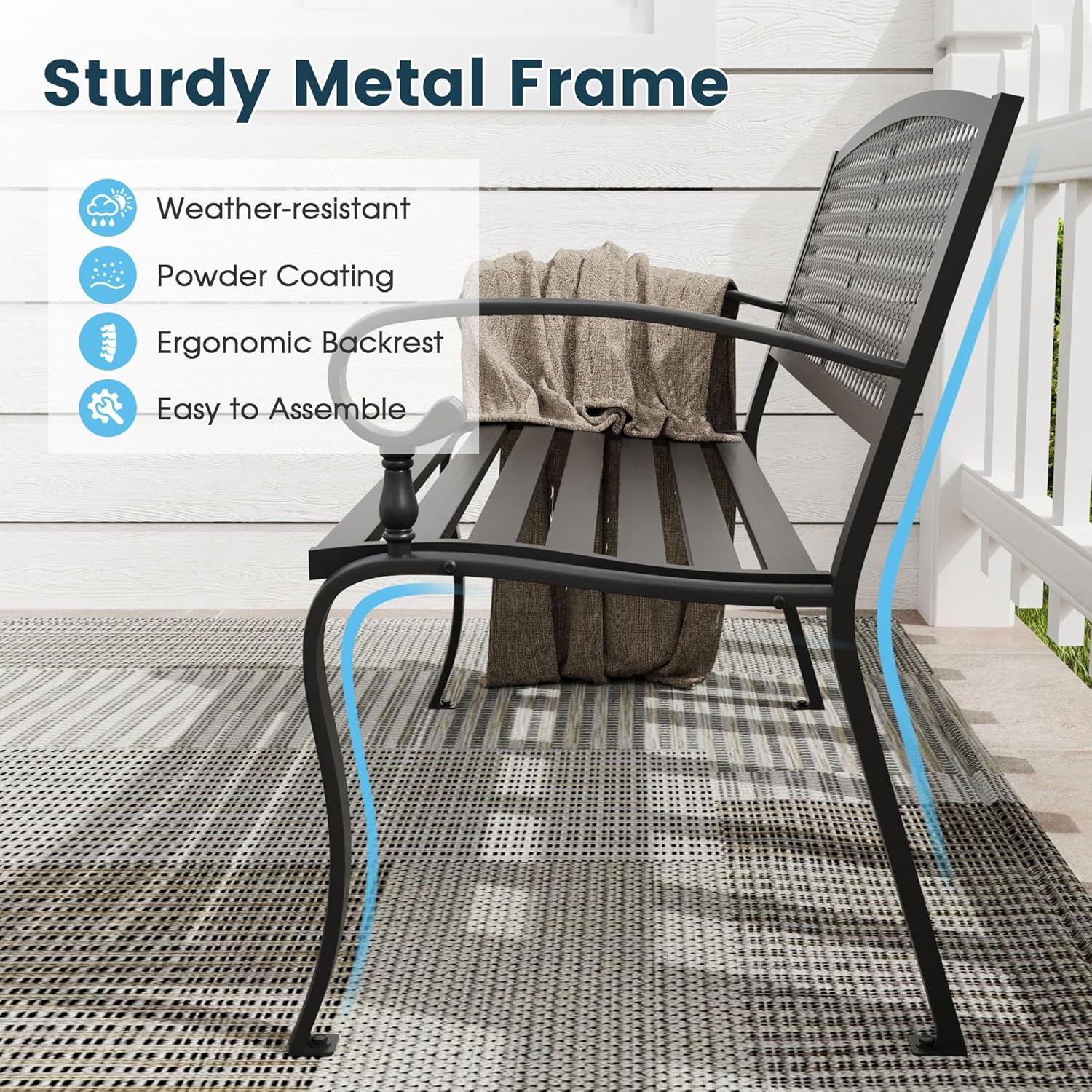 Outdoor Bench, 50 inches Metal Garden Bench, Cast Iron Steel Frame Patio Chairs w/Twist Circle Pattern Backrest for Park, Yard, Porch, Lawn, Balcony, Backyard, Black