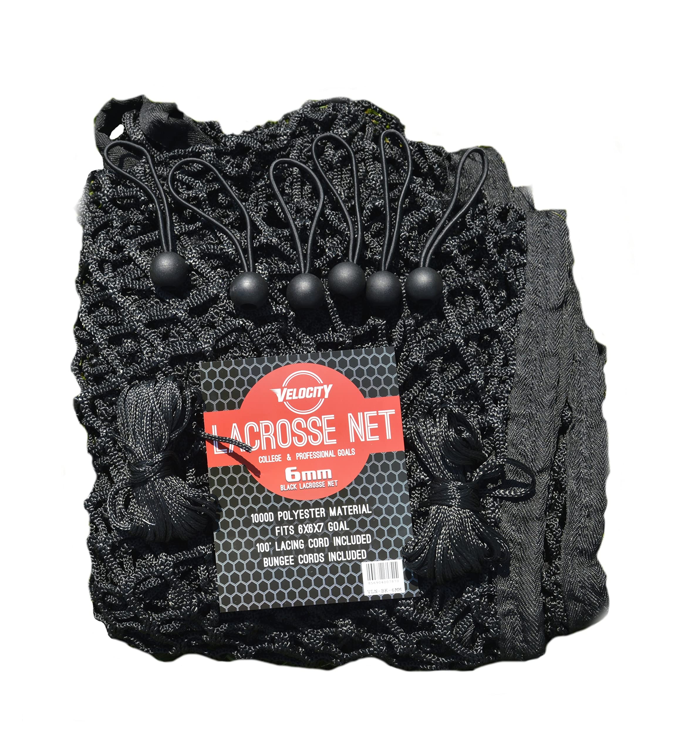 Velocity Heavy Duty Black &amp; White Lacrosse Net - Fits 6’x6’x7’ Goals - Weatherproof, UV Resistant 1000D High-Strength Polyester - Comes with 100+ Feet of Lacing Cord and 4 Quick Ties