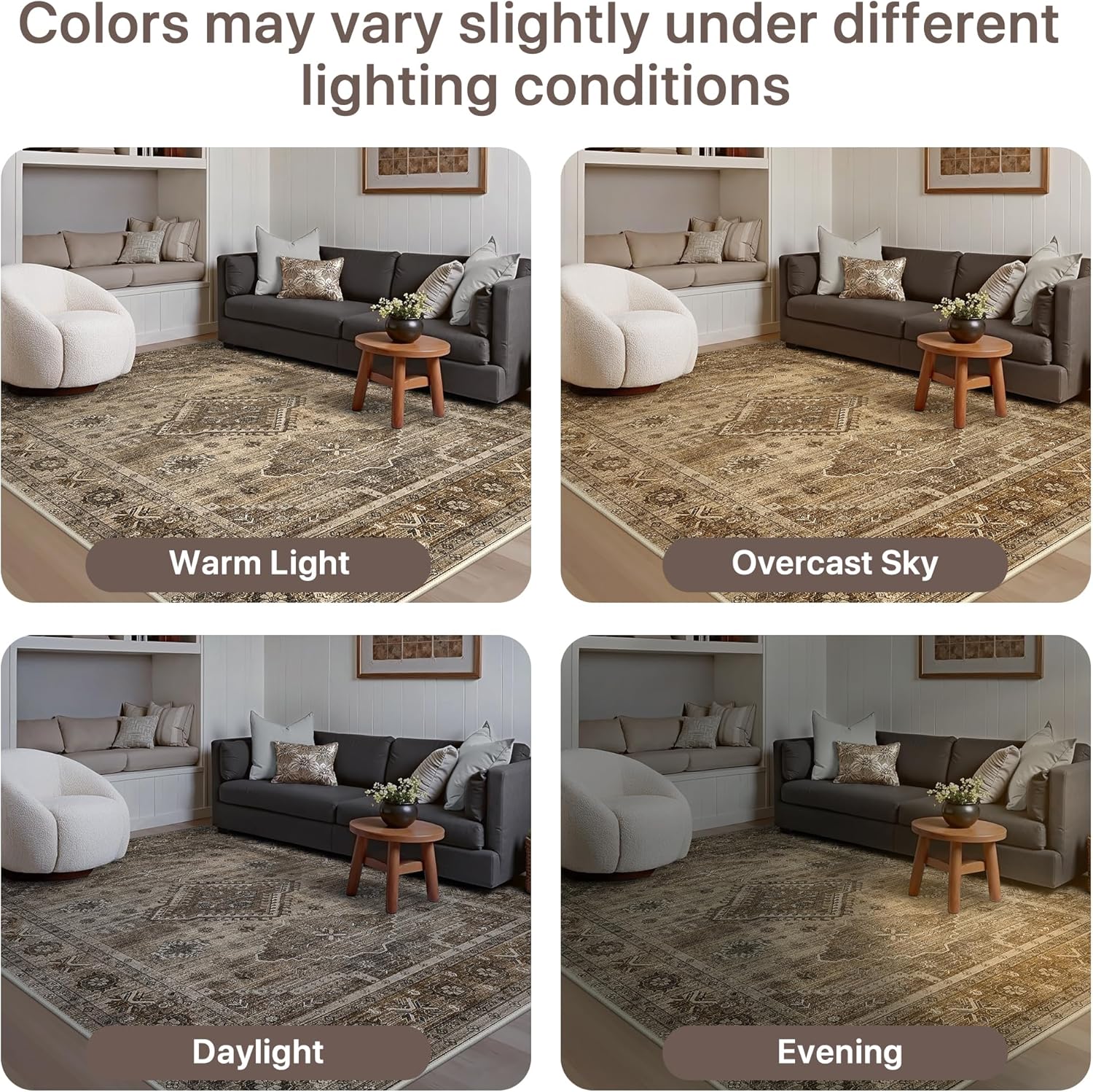 GENIMO 9x12 Area Rugs for Living Room, Machine Washable Low Pile Rugs, Non Slip Vintage Rug for Bedroom, Dining Room, Home Office, Kitchen, Umber
