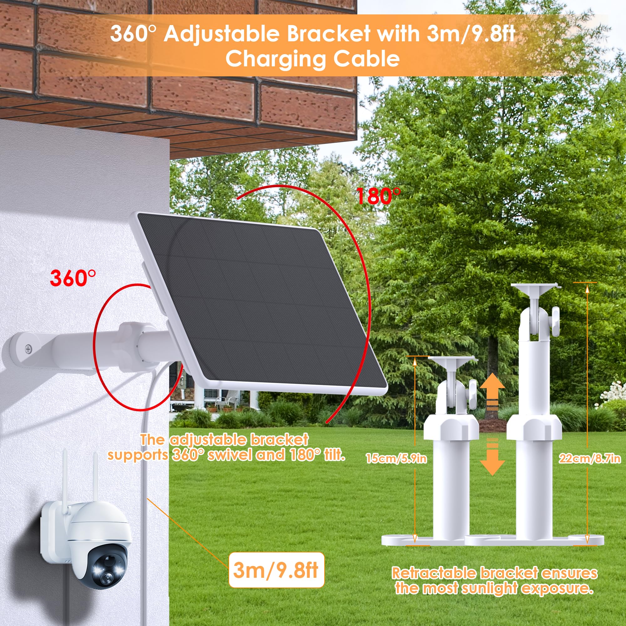 Pannello solare da 6 W per telecamera di sicurezza,Pannelli solari con porta Micro USB e USB-C per fotocamera esterna DC 5V,Caricatore solare per fotocamera a batteria ricaricabile,Impermeabile IP65