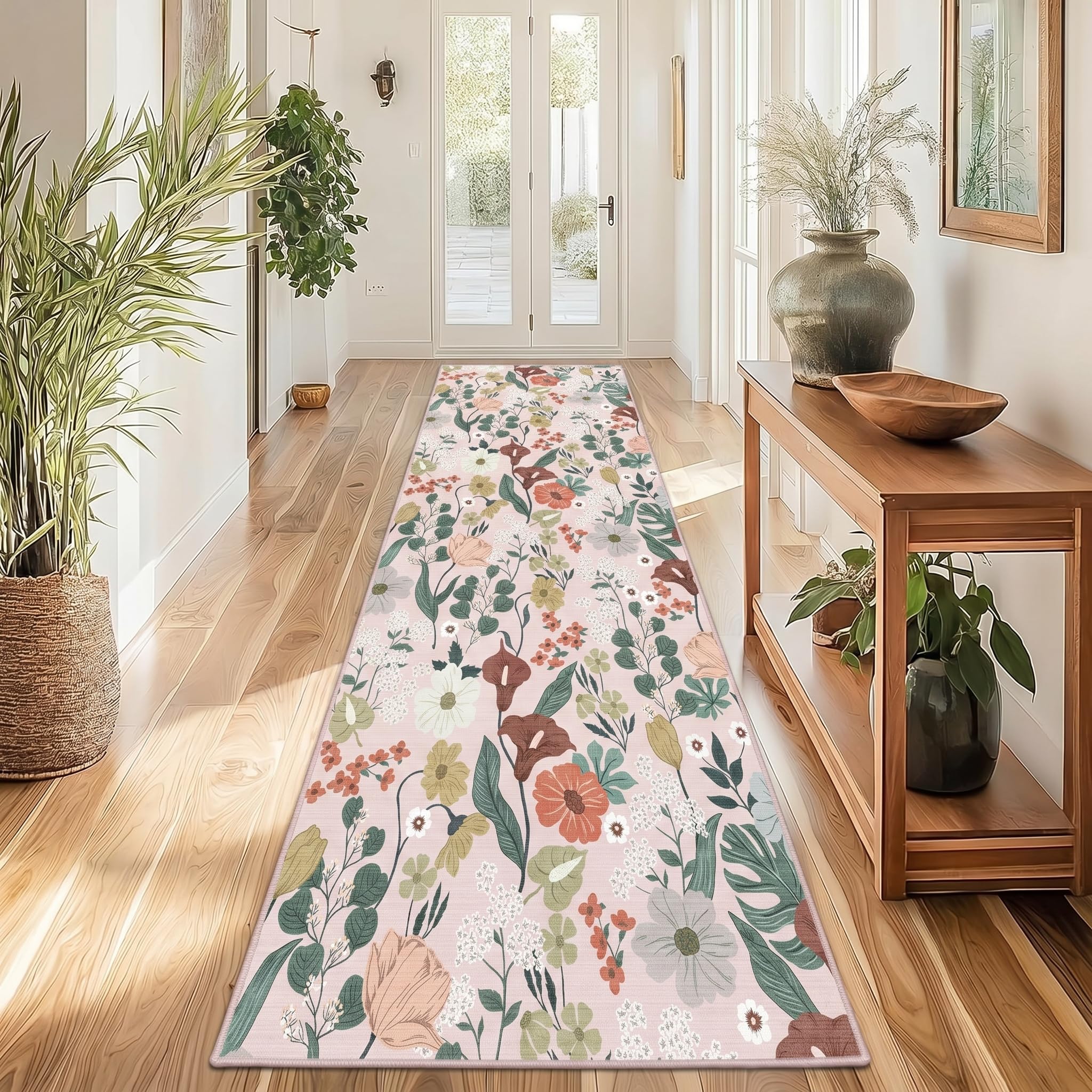 WQMMD Machine Washable Runner Rug 80x150cm Small Area Rug for Hallway, Bedside,Kitchen,Kids Room,Bedroom,Entryway Non-Slip Floral Sage Green Carpet, Modern Vintage Floor Mat for Home Decor Beige โ image 1