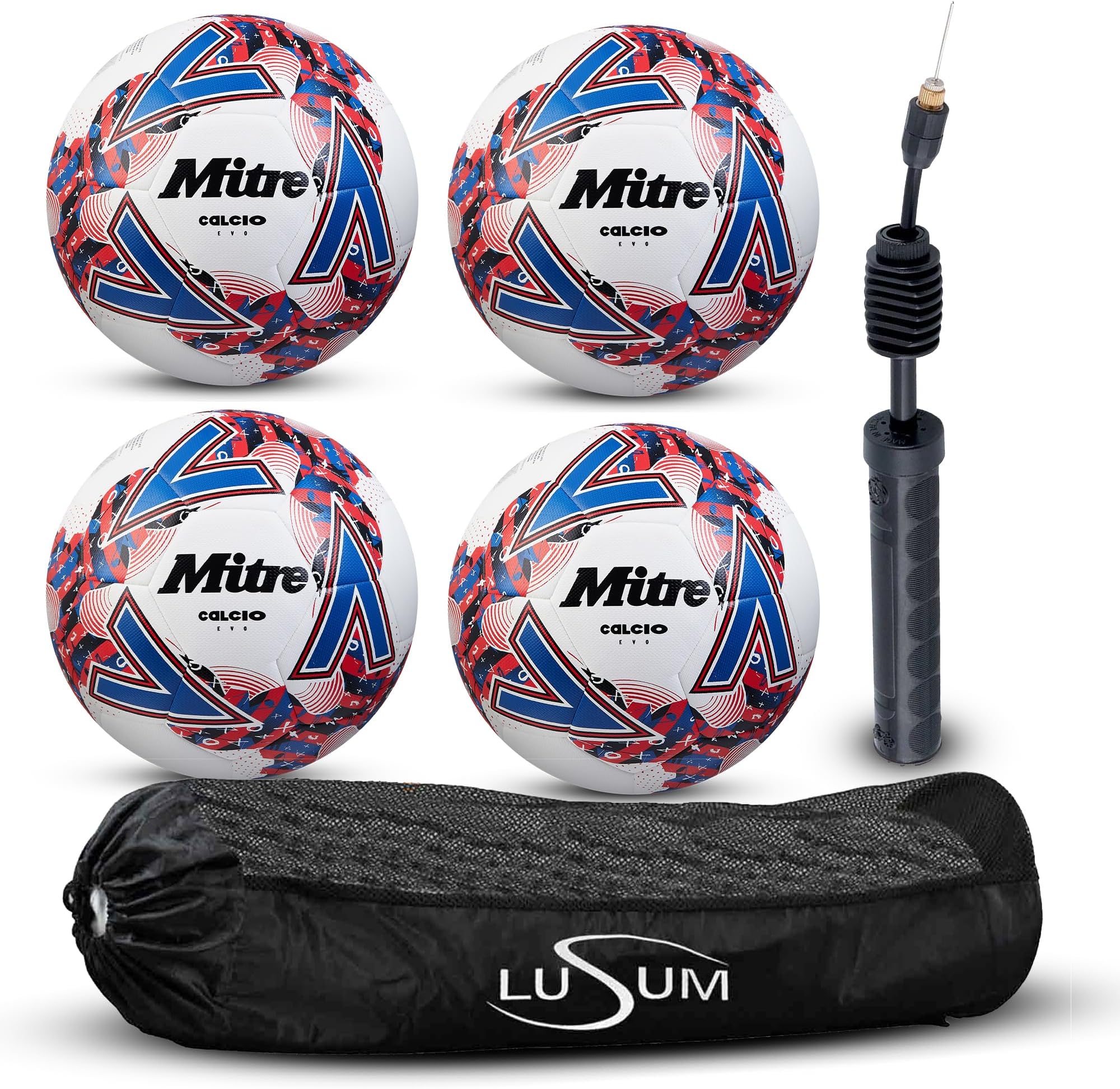 4x Mitre Calcio Evo Training Footballs with Tubular Ball Bag and Ball Pump | Calcio EVO 24 | Yellow | Size 5