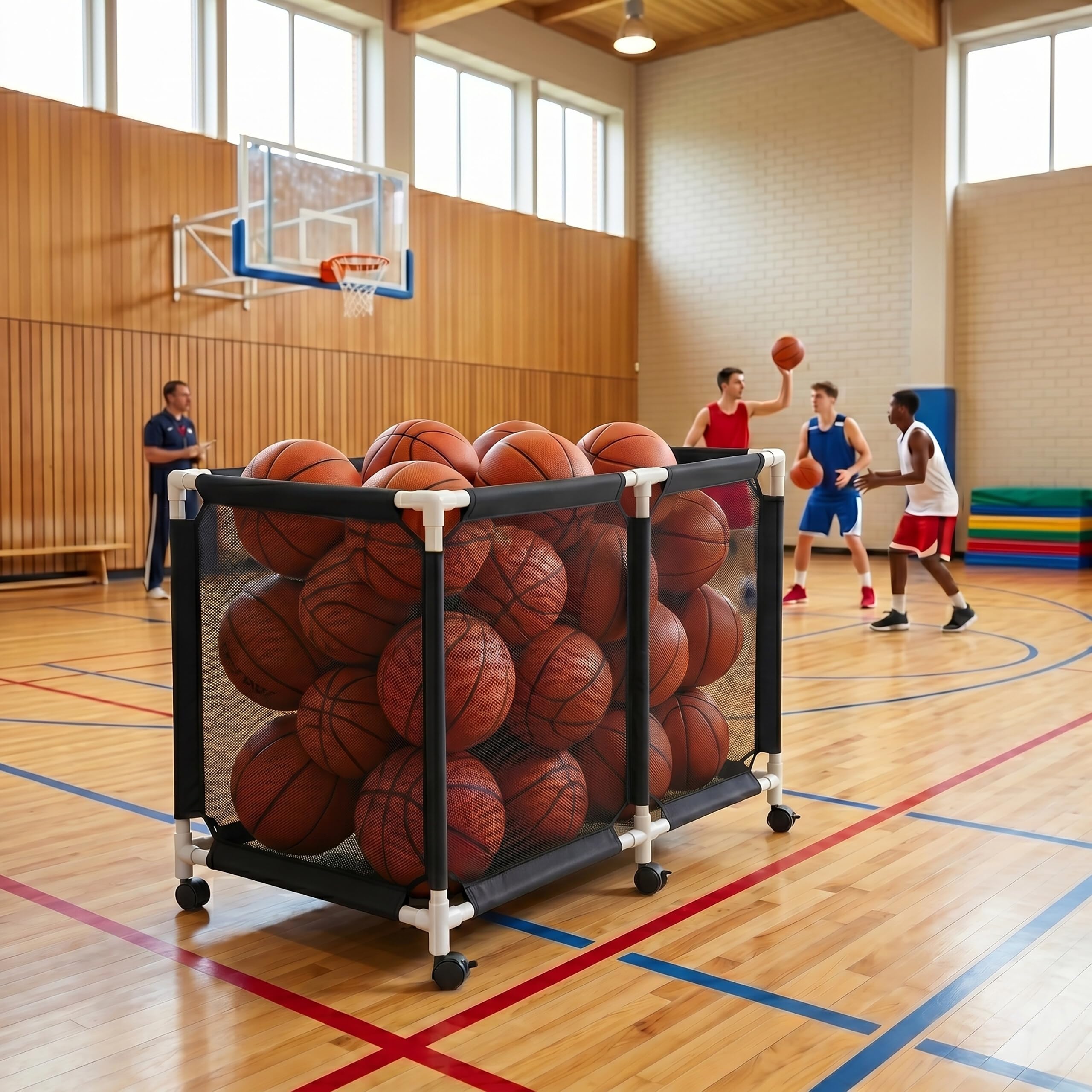 Relaxdays Carrello Porta palloni, 4 Ruote con Freno, Gabbia Mesh per Calcio/Pallacanestro/pallavolo, Taglie M-L, Nero