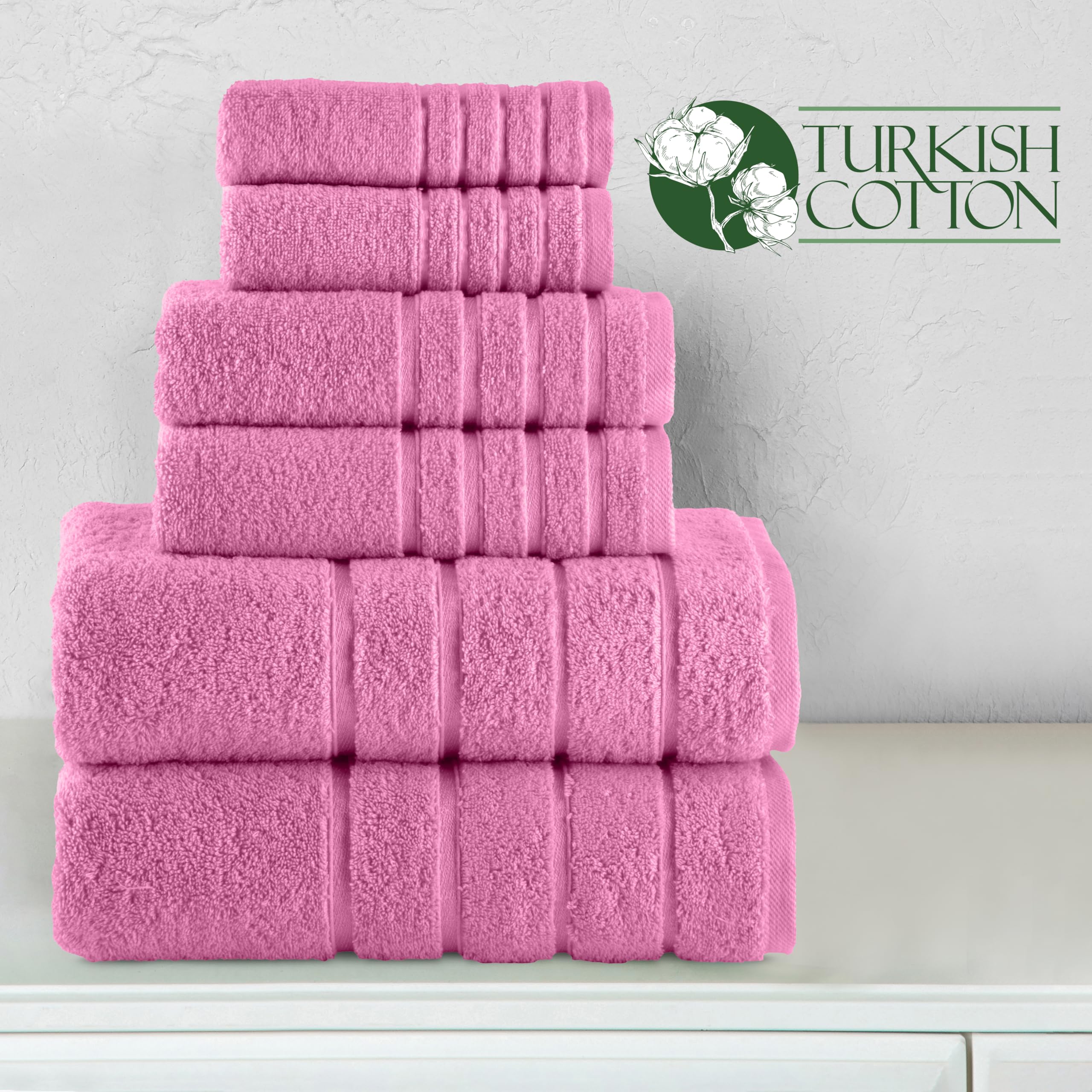 Elegant Comfort Set di 6 asciugamani in viscosa a 4 linee, di alta qualità, 100% cotone turco, ad alta assorbenza, include 2 salviette, 2 asciugamani per le mani e 2 teli da bagno, rosa chiaro
