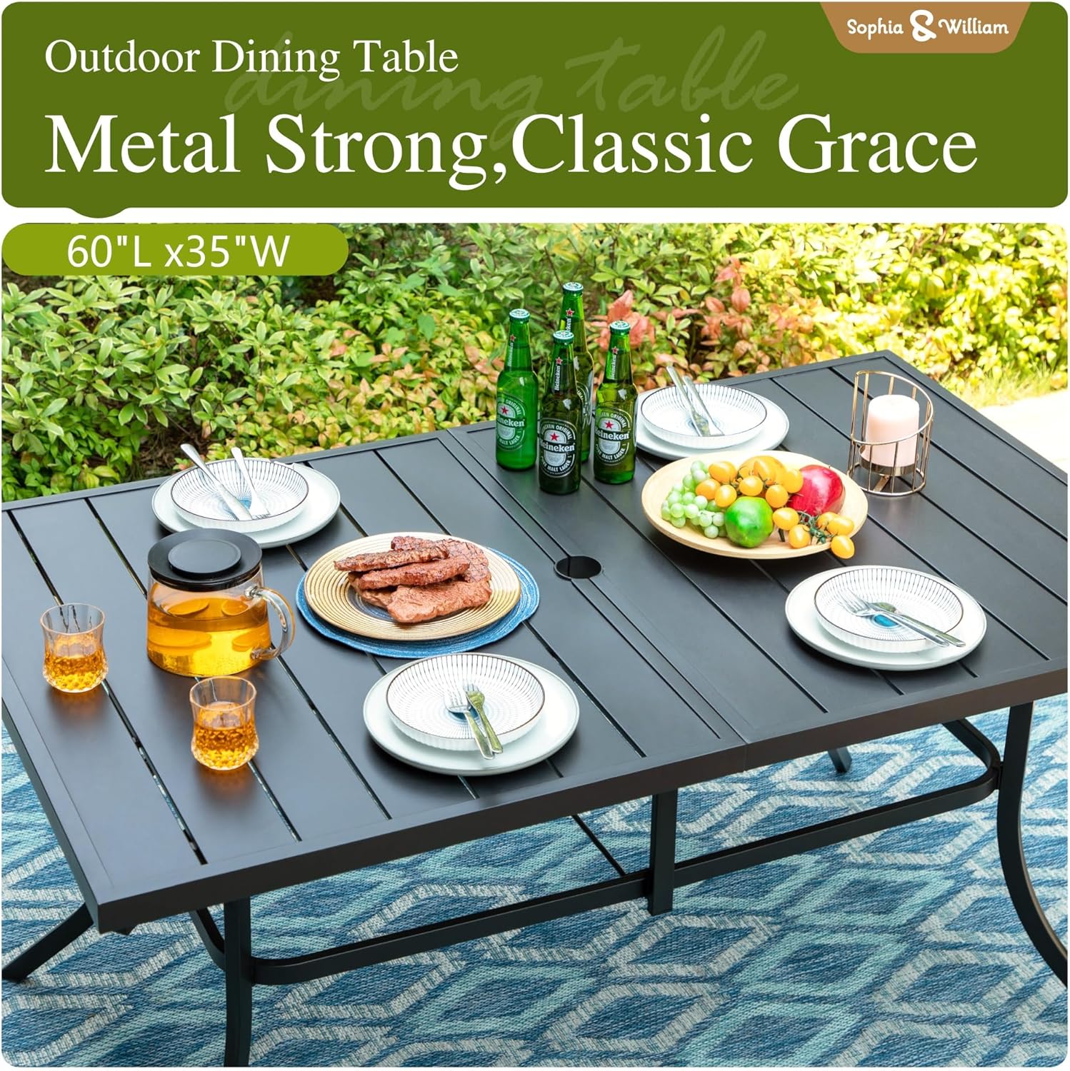 Sophia & William Patio Dining Set 7 Piece Outdoor Table Furniture Set - 6 Padded Swivel Dining Chairs and 1 Rectangular Metal Table with Umbrella Hole for Garden Deck Backyard