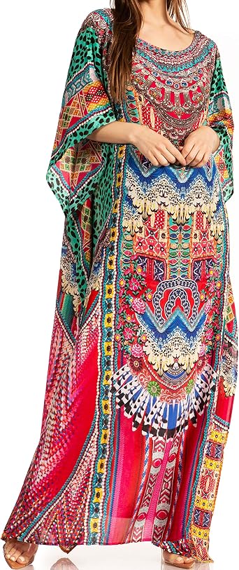 Sakkas Jabari Women's Maxi Short Sleeve Long Beach Kaftan Dress Boho Loose Gown