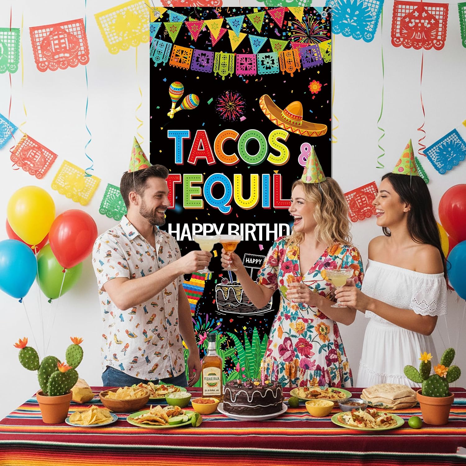 Tacos Tequila Birthday Decorations Banner - Mexican Fiesta Happy Birthday Party Decoration Porch Sign, Cinco De Mayo Theme Photo Background Party Supplies for Indoor Outdoor