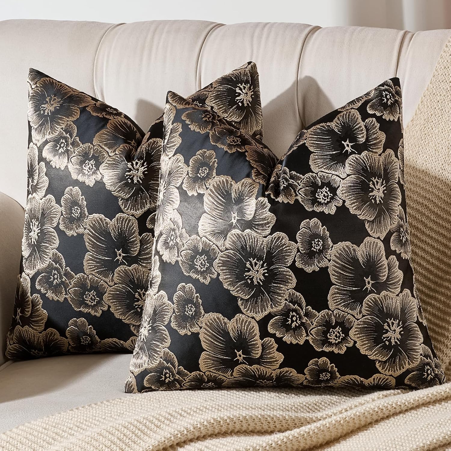 AmHoo Set of 2 Throw Pillow Covers Floral Relief Decorative Emboss Flower Pillows Cover Pillowcase for Sofa Couch Bed 20 x 20-Inch Black - Image 2