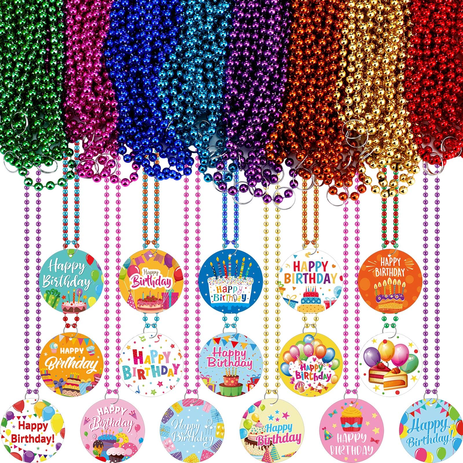 Poen 48 Pcs Happy Birthday Beaded Necklaces Bulk Metallic Neon Beads Colorful Pendant Medallion Necklaces Adult Birthday Party Favors, 16 Styles