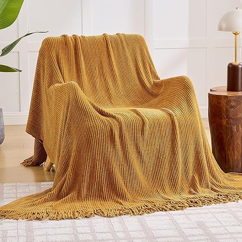 Miniatura 10 de inhand Mantas de punto para sofá y cama, manta de punto suave y acogedora con borla, mantas decorativas ligeras y mantas decorativas, manta tejida