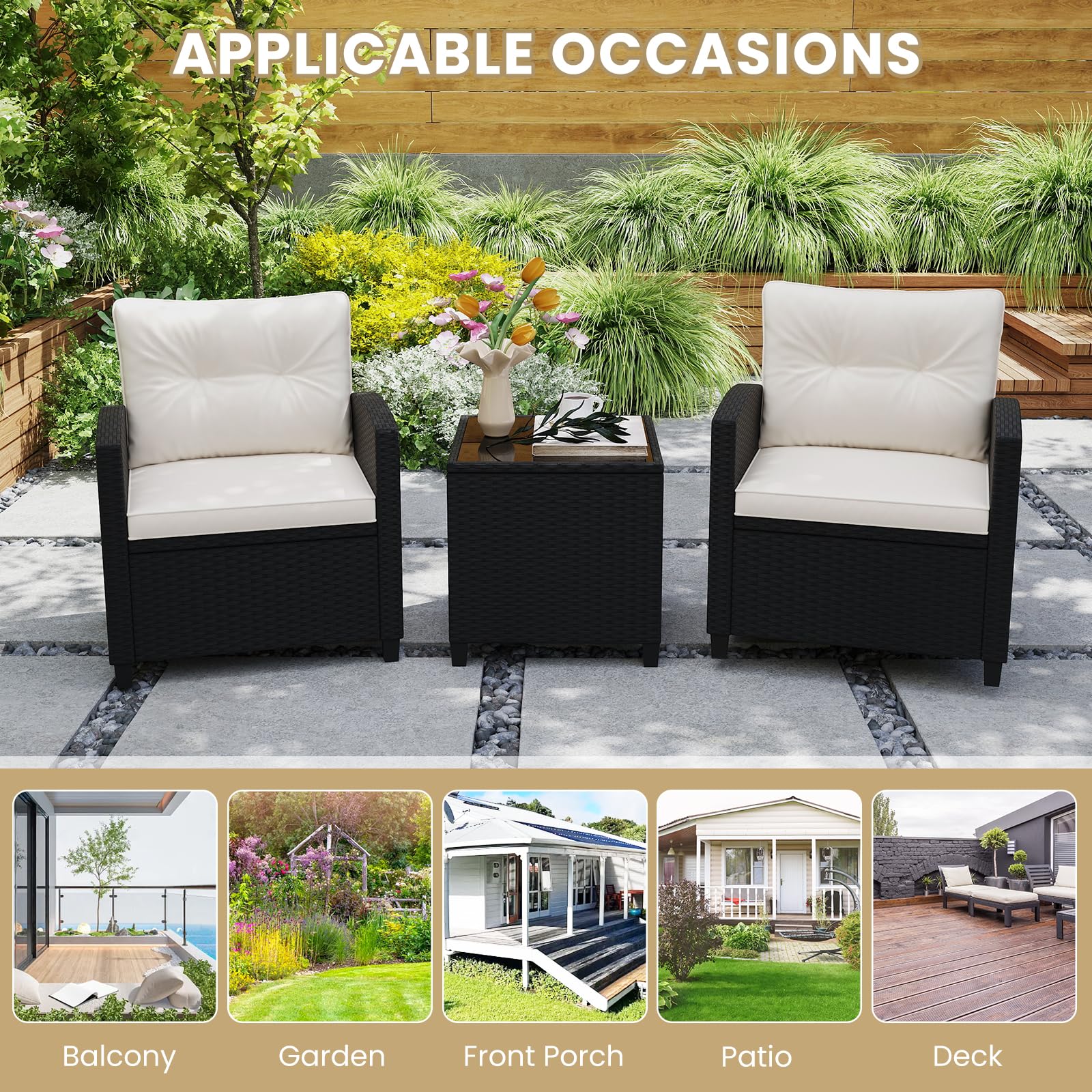 GIANTEX Set da Mobili da 3 Pezzi, Sedie da Giardino con Tavolino da Caffè con Piano in Vetro Temperato, Cuscini per Schienale e Sedile, Set Bistro in Rattan PE per Portico (Bianco)