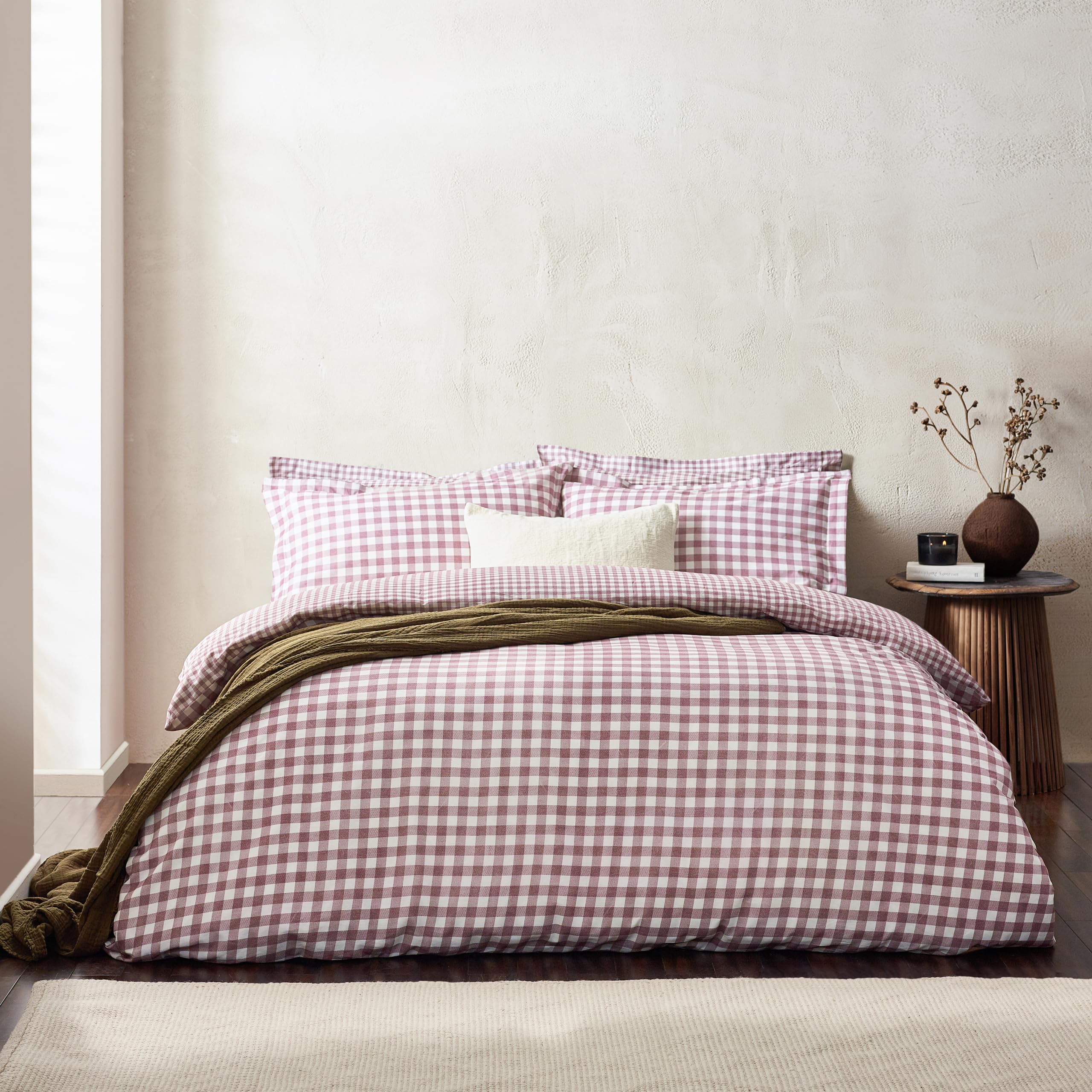 Yard Barton Single Berry Check Printed Duvet Cover and Pillowcase Set - 100% Cotton - 144 Thread Count - Purple