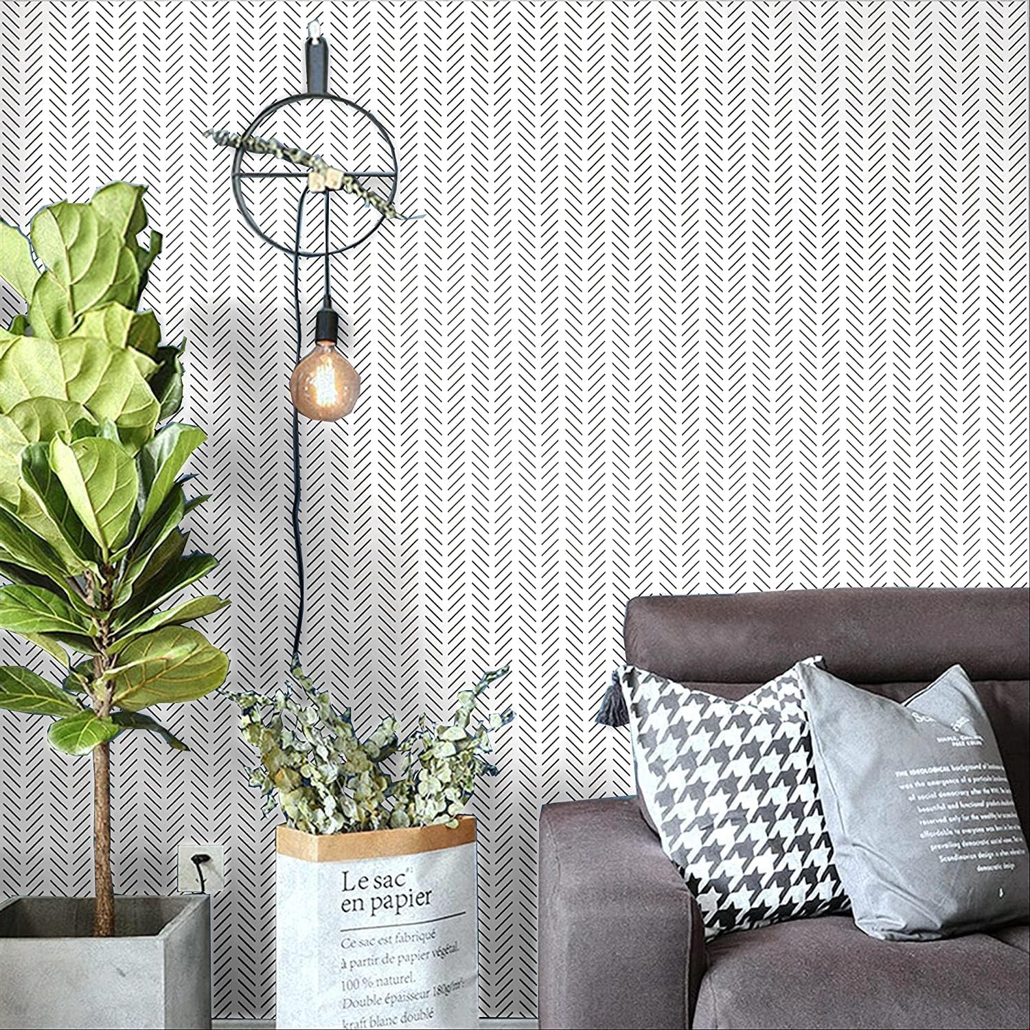 Blooming Wall CPS031 Black White Neutral Elegant Herringbone Tick Mark Self-Adhesive Prepasted Wallpaper Wall Mural Wall Decor(17.7“x394”)