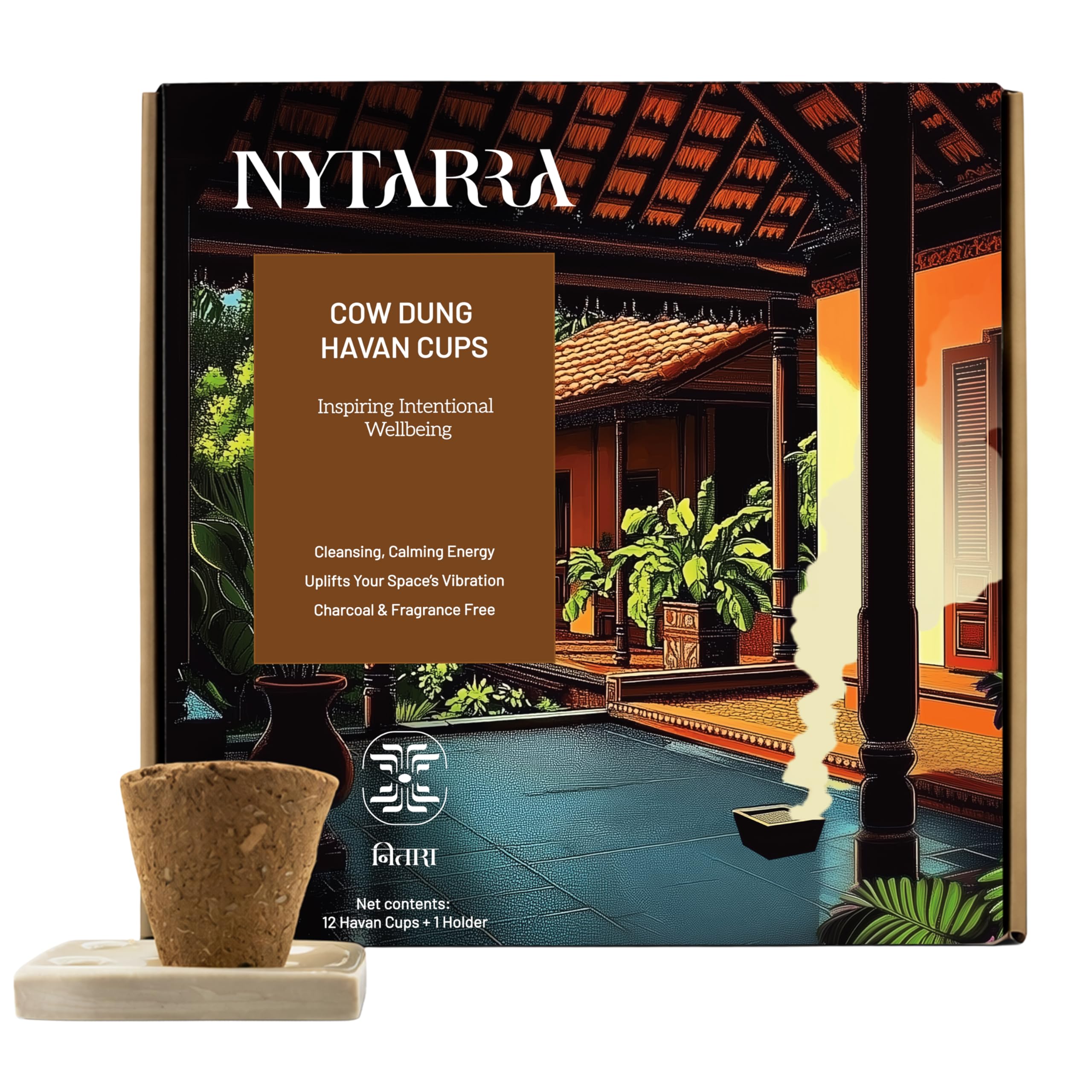 Havan Cups for Pooja 12 pcs Each with Holder, Cow Dung Outer Shell Hawan Natural Herbs, Jatamasi, Tulsi, Ashwagandha, Guggal, Loban, Dried Flowers, Sambrani Dhoop Cups