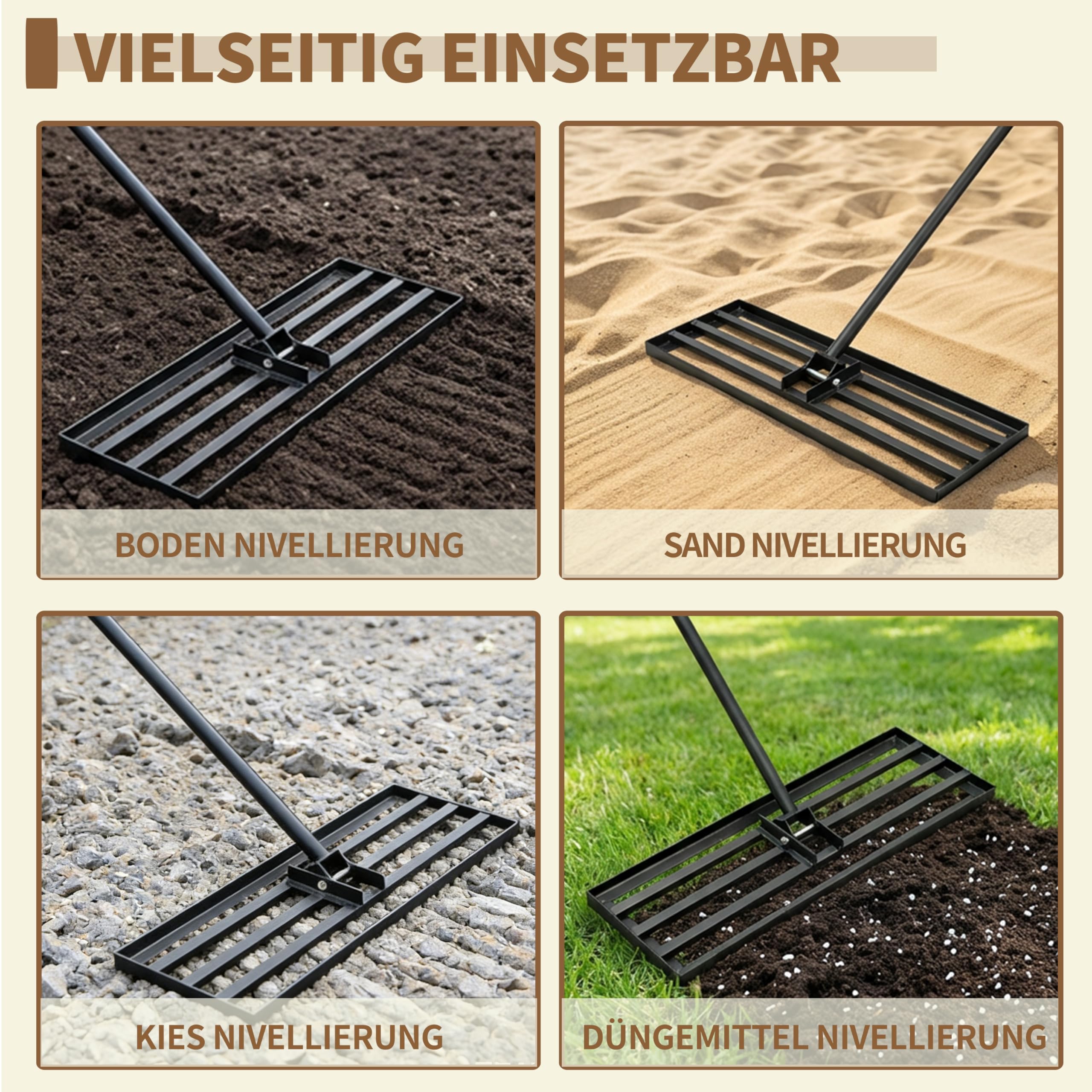 Rasen Rakel XXL,120x25cm Schwerer Nivellierrechen mit ergonomisch gebogenem 185cm Griff,Rasenrechen für Erde, Kies, Dünger, Ideal für Garten, Hof und Golfplatz Rasennivellierer