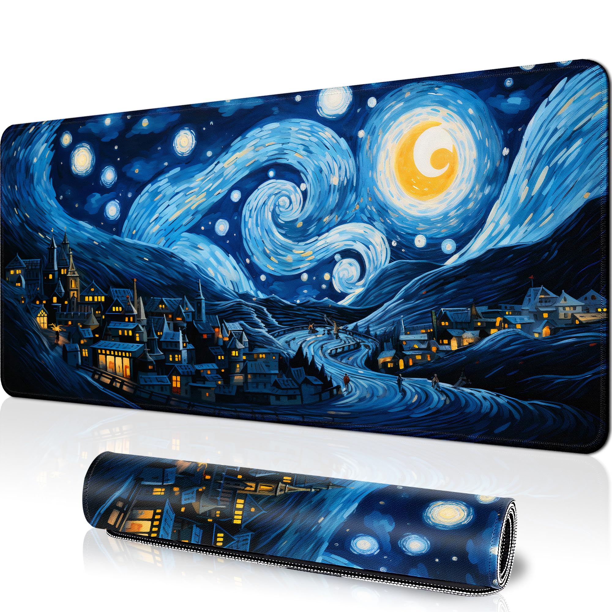 Starry Night Large Gaming Mouse Pad for Desk, Big Mouse Pad Gaming Desk Mat for Keyboard and Mouse, 31.5x11.8 in XL Mousepad with Stitched Edge, Non-Slip Base Computer Keyboard Mouse Mat Desk Pad
