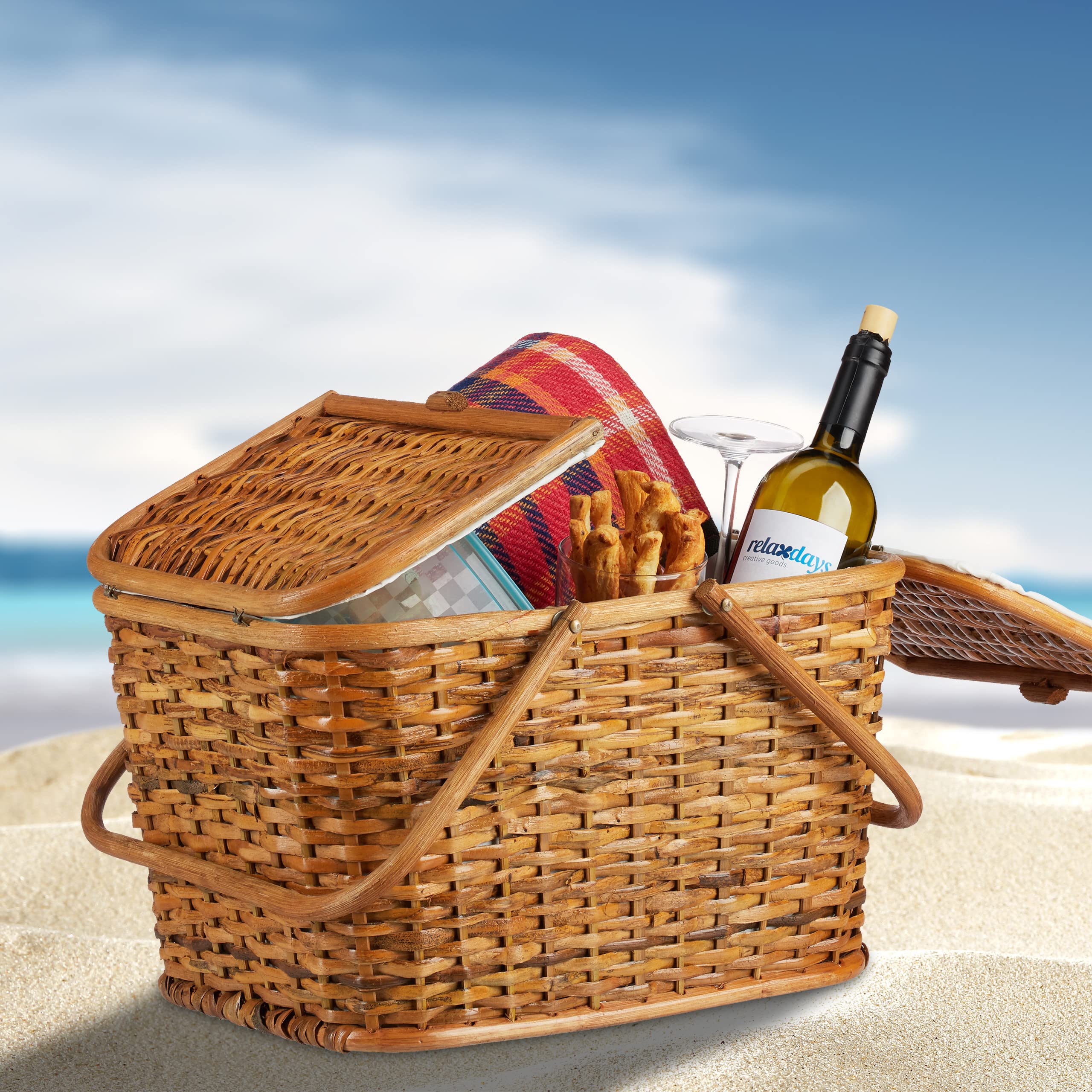 Relaxdays Cestino da Picnic con Coperchio, Intrecciato, Fodera in Tessuto, Manici, Cesto per Spesa, Fatto A Mano, Rattan, Miele