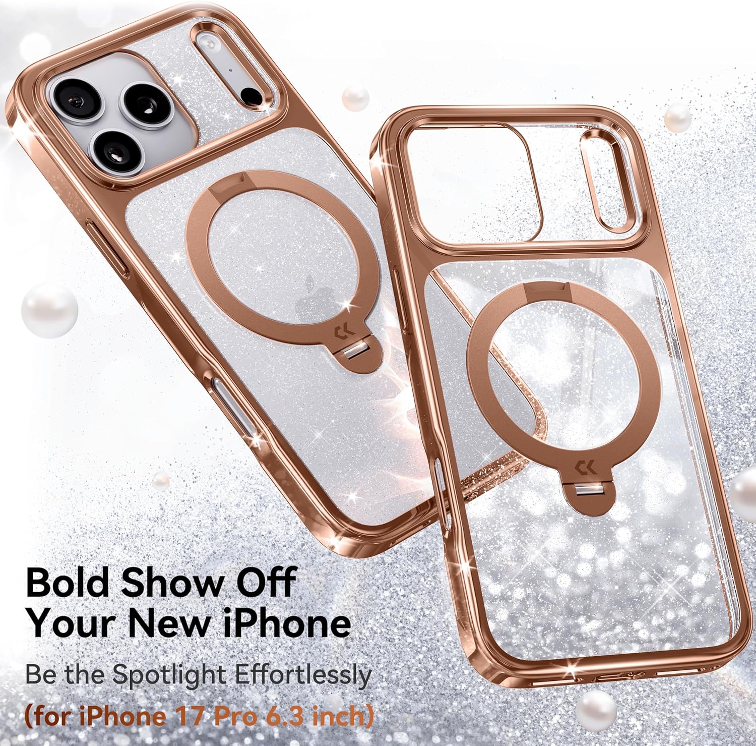 CASEKOO Rose Gold Pearl Sparkle 360 Spin Magnetic Stand for Glossy iPhone 17 Pro Case for Women, Fit for MagSafe, 17FT Drop Protection, Chic Design for 17 Pro Case with Stand, Sparkle Rose Gold - Image 2