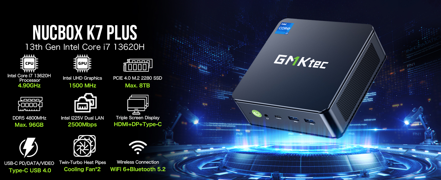 GMKtec Mini PC 13th Gen Intel Core i7-13620H W11 Pro, Mini