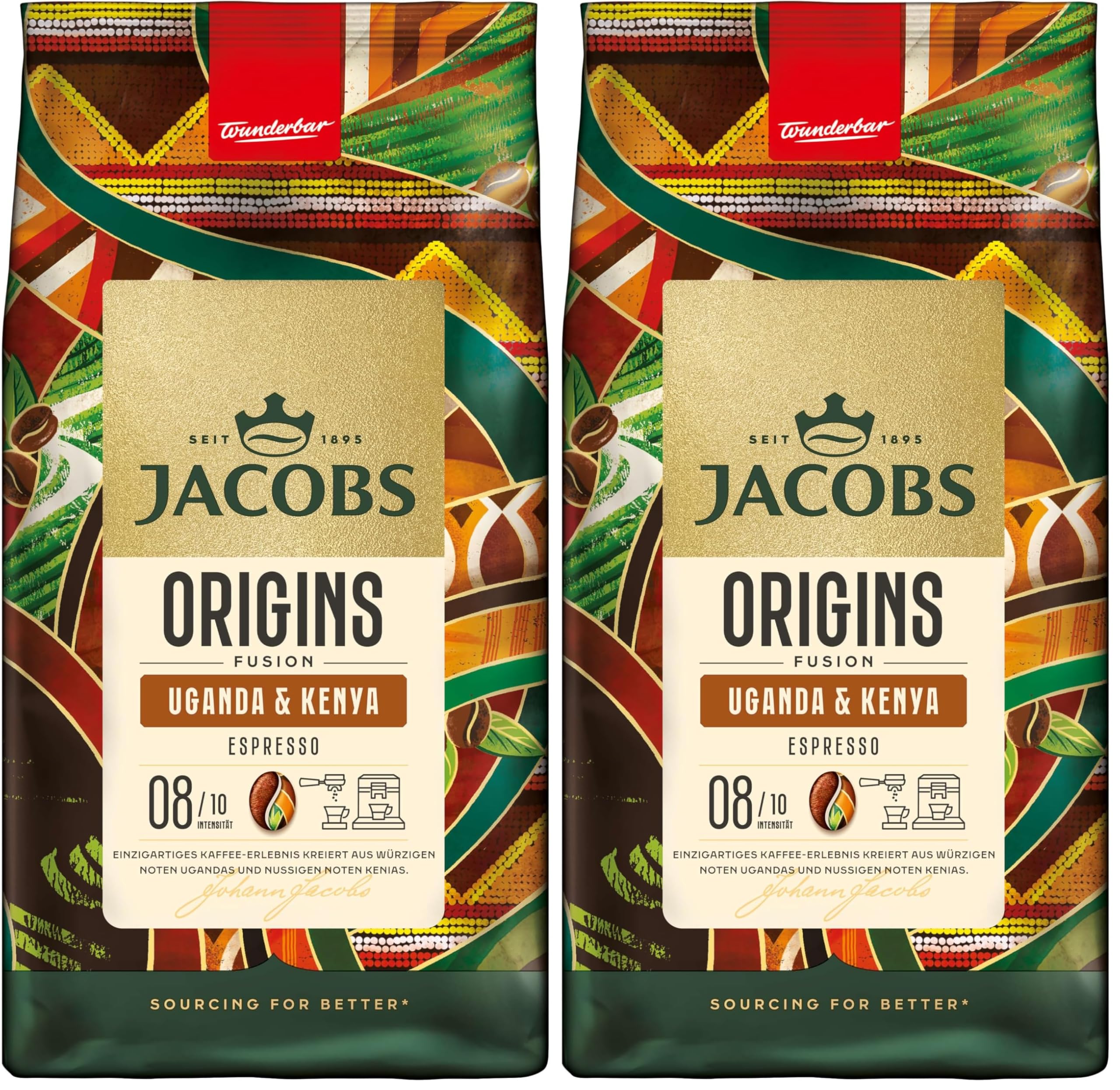 Jacobs Kaffeebohnen Origins Uganda & Kenia, vollmundiger Espresso mit würziger Note, Intensität 8/10, Kaffee ganze Bohnen, 1 kg (Packung mit 2)