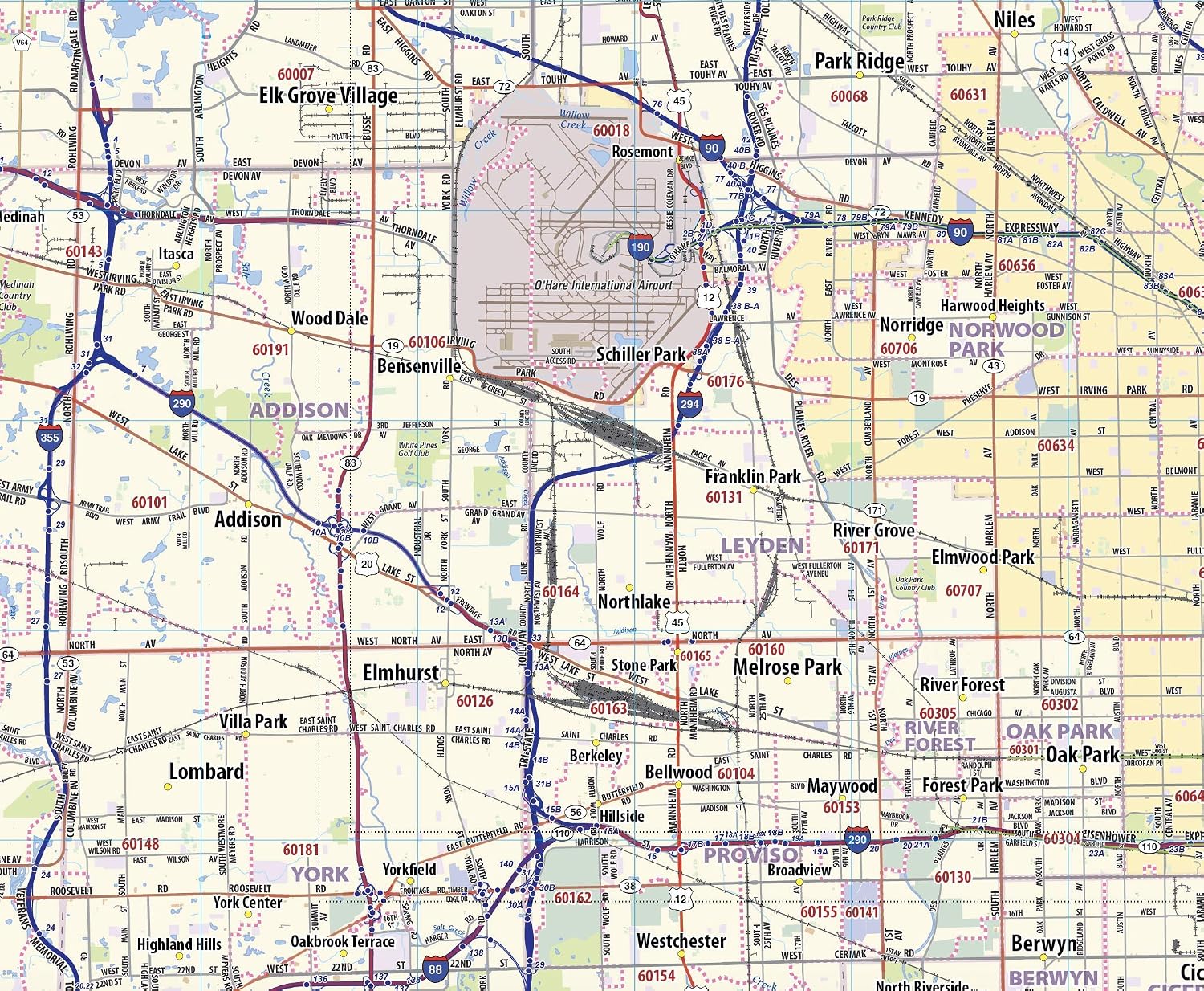 Topographics Chicago Metro Area Laminated Street Wall Map (54"x70")