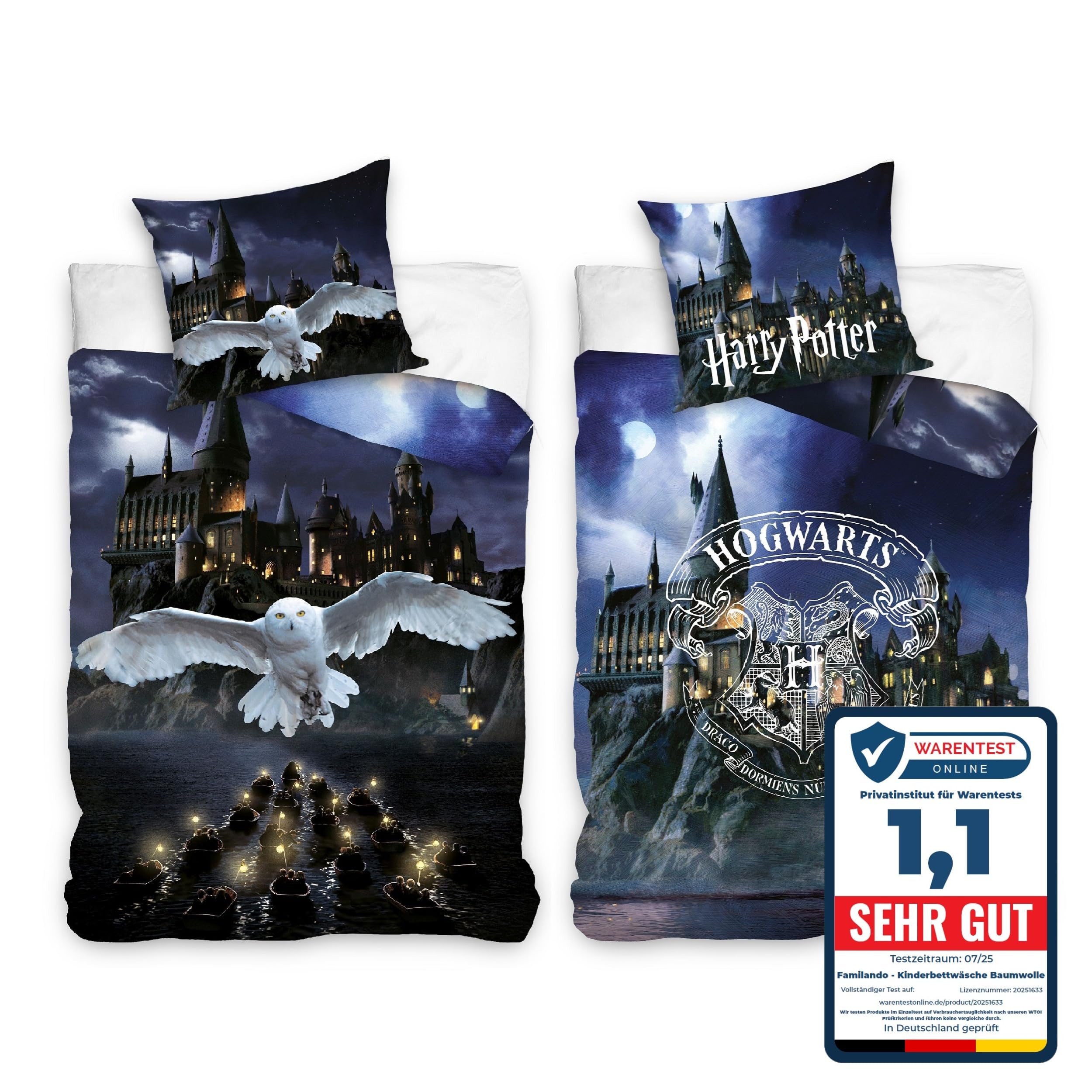 Familando – Harry Potter Bettwäsche-Set (2-teilig) – Decken- & Kissenbezug 135x200 cm & 80x80 cm mit Reißverschluss – Flanell aus 100% Baumwolle – Wendemotiv Hedwig & Hogwarts – Öko-TEX Zertifiziert