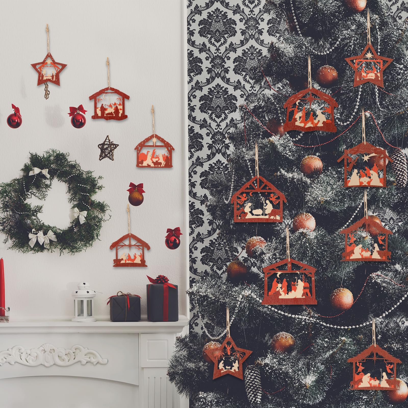 Soaoo Weihnachtskrippen Ornamente – 4-teiliges Set Aus Holz, Geschnitzt & Ausgehöhlt, Mit Hanfseil Zum Aufhängen Am Baum