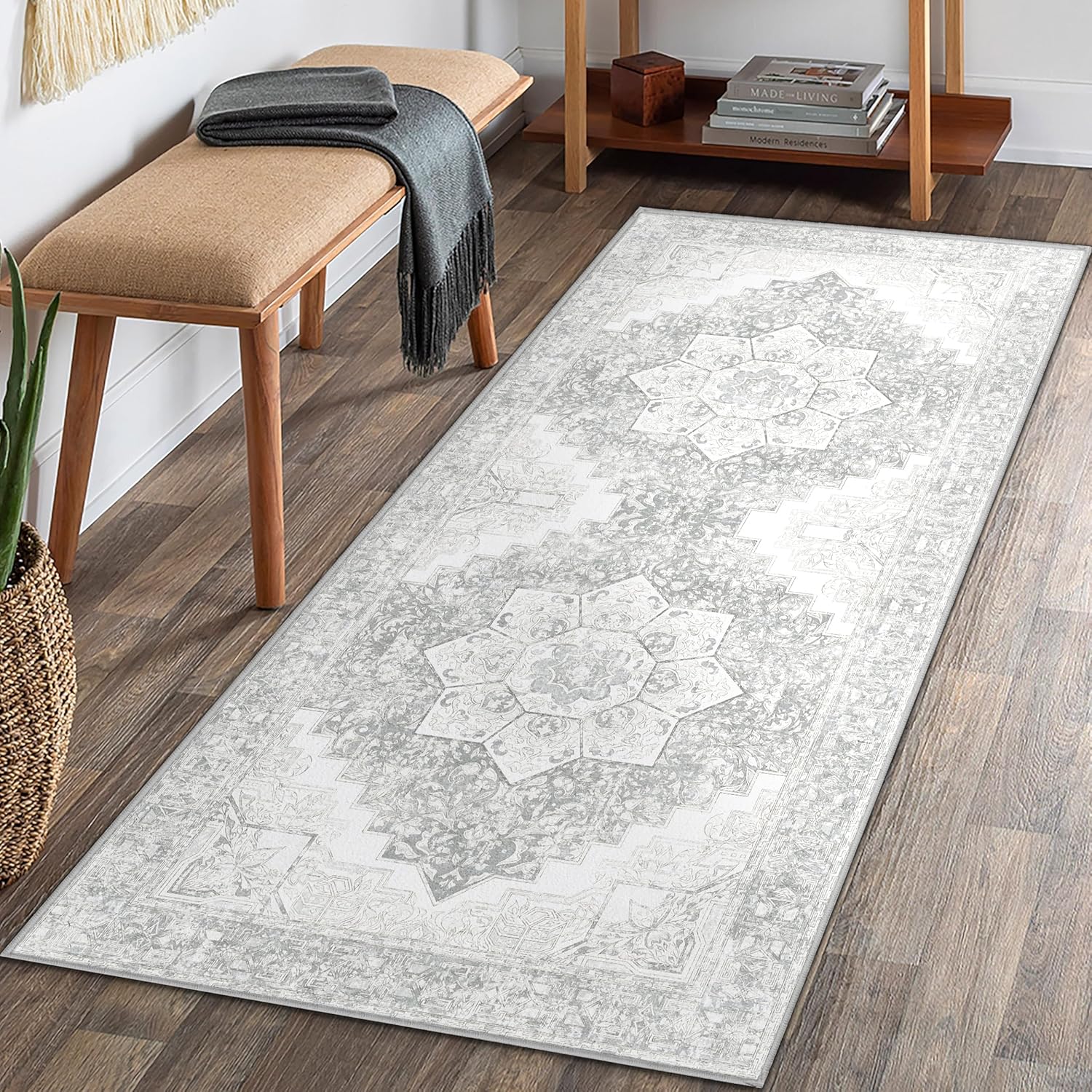 Arenarug Washable Runner - 2x6 Boho Hallway Rug, Non Slip Kitchen Runner, Soft Vintage, Oriental Distressed, Low-Pile Floor Carpet for Laundry, Indoor Entrance, Bathroom, Grey