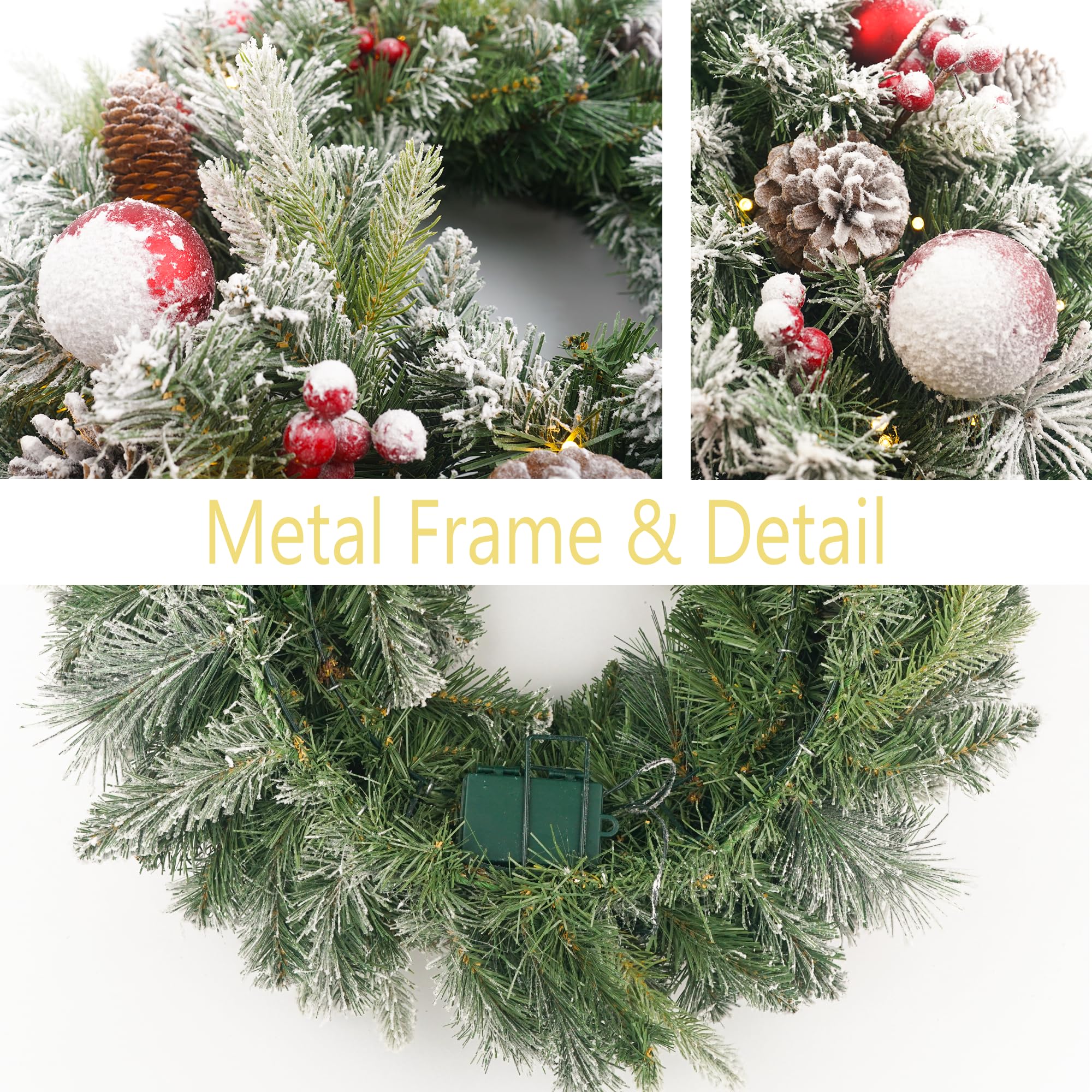 Couronne de Noël floquée pré-éclairée de 61 cm avec 50 pommes de pin lumineuses et boules rouges pour porte d'entrée avec lumières, couronne de Noël pour décoration de Noël, porte, fenêtre, mur (vert)