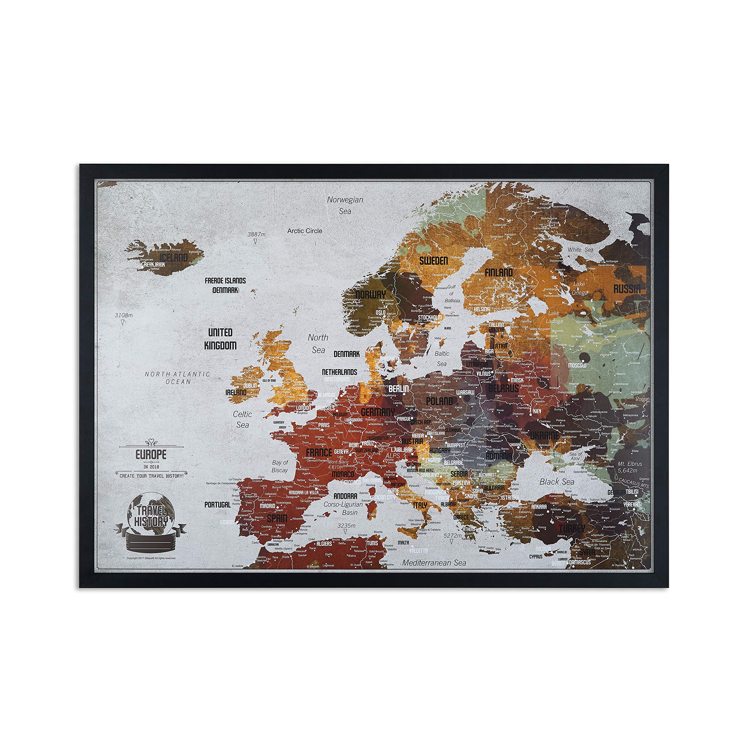 2map Mapa de Viaje con Chinchetas, Mapa de Viaje Europeo con Marco, Mapa de Viaje Familiar y Aventuras Personales, Mapa con 100 Extra Chinchetas 53 x 43 cm, el Mapa para Viajeros, Fabricado en la EU
