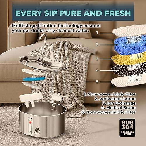 Miniatura 4 de Fuente de agua para gatos de acero inoxidable envuelta con 4 filtros de repuesto y sensor, fuentes de agua fáciles de limpiar para gatos de interior