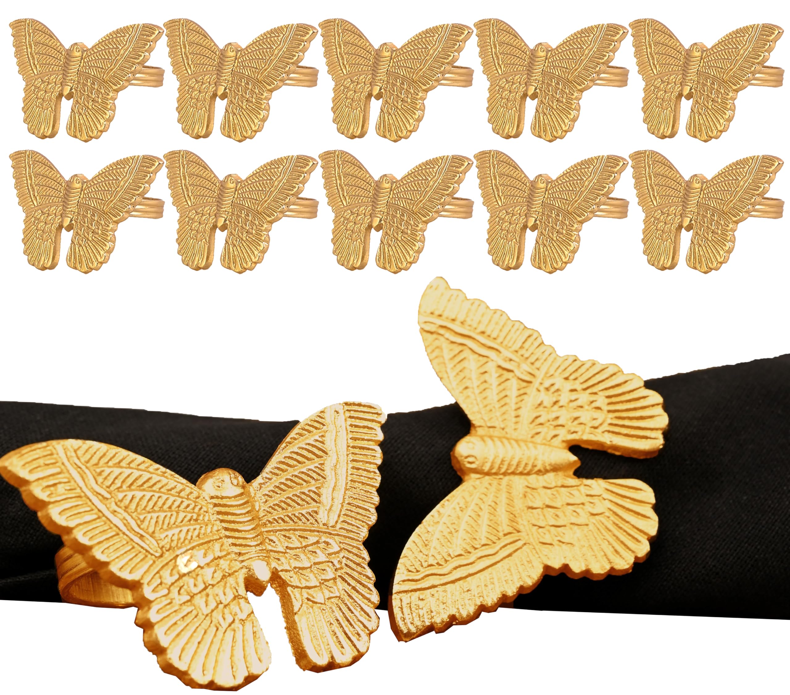 Elegante juego de 12 servilleteros | Servilleteros de mariposa de oro cepillado para bodas, cenas, decoración de mesa de comedor y eventos especiales | Fácil de limpiar, duradero y versátil ALPHA