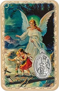 Catholic Prayer Print with Built-In Silver-Tone Medal | Laminated | Religious Art | Great Gift for First Communion or Confirmation (Guardian Angel)
