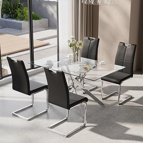 Miniatura 55 de Juego de mesa de comedor de 7 piezas para 6, mesa rectangular moderna de cristal con 6 sillas tapizadas de cuero, juegos de mesa y sillas de comedor